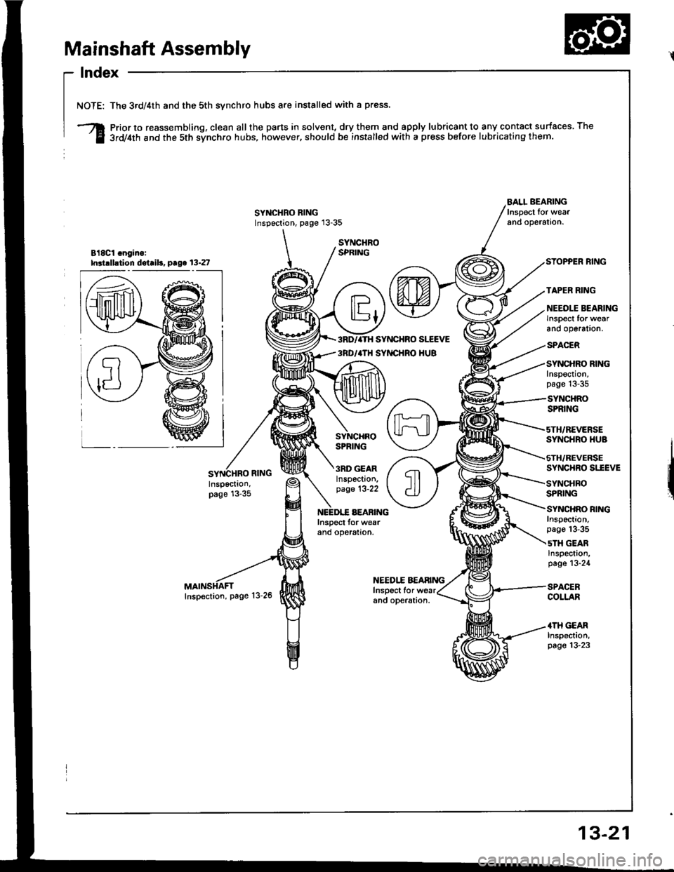 HONDA INTEGRA 1994 4.G Workshop Manual Mainshaft Assembly
NOTE: The 3rd/4th and the 5th svnchro hubs are installed with a press.
818Cl cngino:Inirllstion dstailr, pag. 13-27
Prior to reassembling. clean all the parts in solvent, dry them a