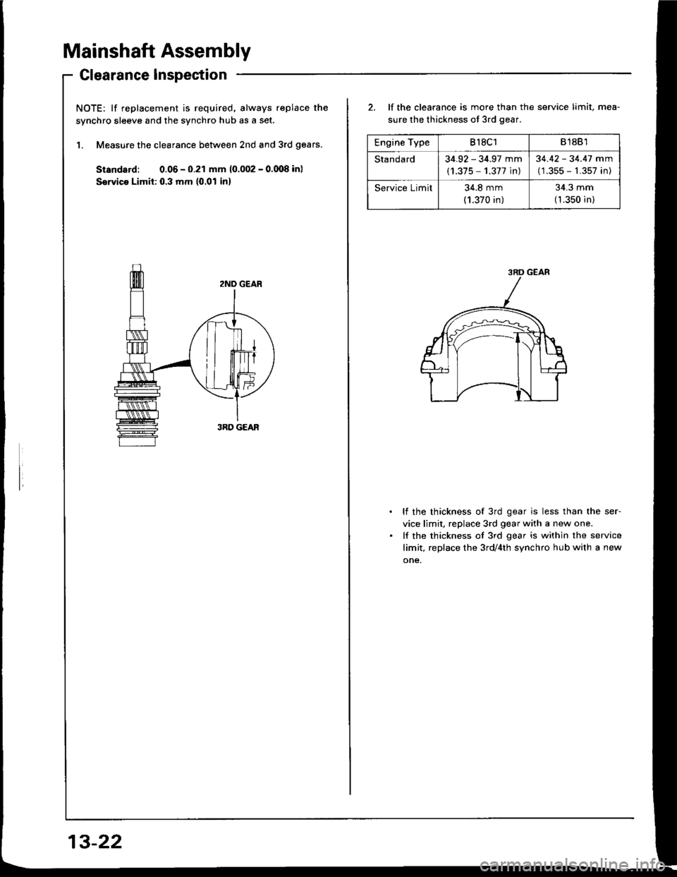 HONDA INTEGRA 1994 4.G Workshop Manual Mainshaft Assembly
Clearance Inspection
NOTE: lf replacement is required. always replace the
synchro sleeve and the synchro hub as a set.
1. Measure the clearance between 2nd and 3rd gears.
Standard: 
