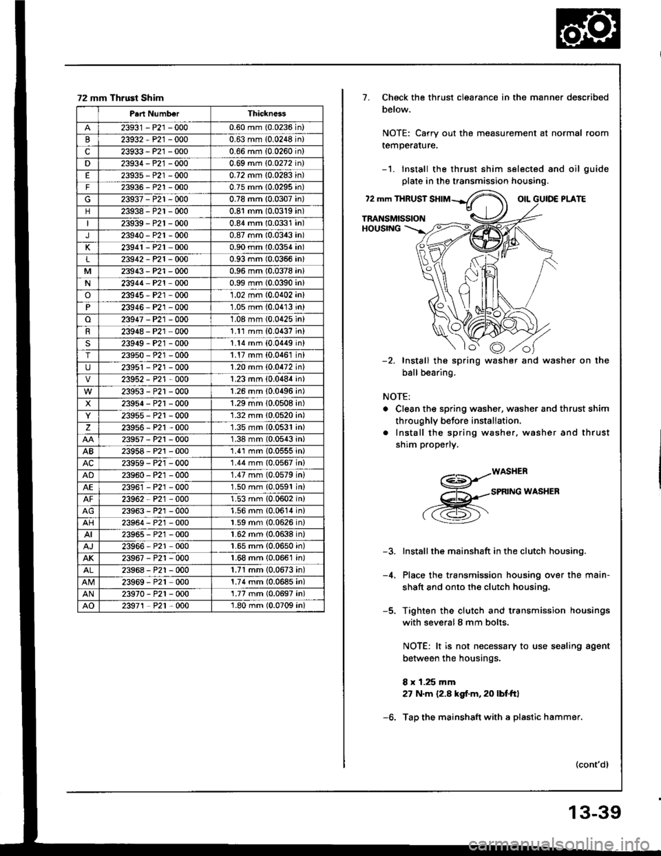 HONDA INTEGRA 1994 4.G Workshop Manual 72 mm Thrust Shim
Part NumberThickness
23931 - P21 -0000.60 mm (0.0236 in)
23932-P21 -0000.63 mm (0.0248 in)
c23933 - P21 -0000.66 mm {0.0260 in}
D23934-P21 -0000.69 mm (0.0272 in)
23935 - P21 -0000.7