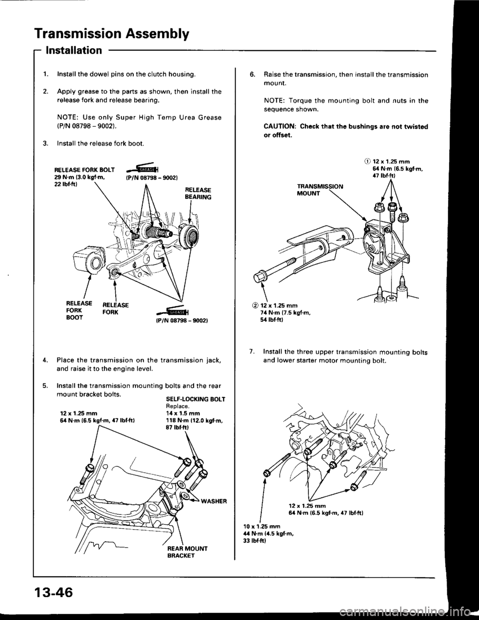 HONDA INTEGRA 1994 4.G Repair Manual Transmission Assembly
1. Inst€llthe dowel pins on the clutch housing.
2. Apply grease to the parts as shown, then install the
release fork and release beaaing.
NOTE: Use only Super High Temp Urea Gr HONDA INTEGRA 1994 4.G Repair Manual Transmission Assembly
1. Inst€llthe dowel pins on the clutch housing.
2. Apply grease to the parts as shown, then install the
release fork and release beaaing.
NOTE: Use only Super High Temp Urea Gr