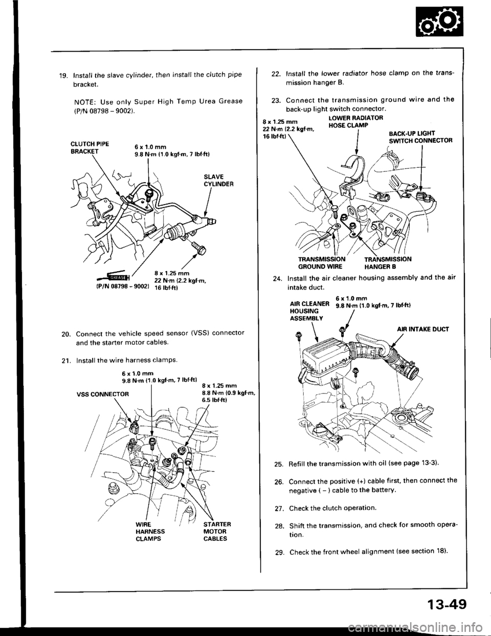 HONDA INTEGRA 1994 4.G Workshop Manual 19.Install the slave cylinder, then install the clutch pipe
bracket.
NOTE: Use only Super High Temp Urea Grease
(P/N 08798 - 9002).
CLUTCH PIPE6x1.0mm9.8 N.m {1.0 kgf.m, 7 lbf ft)
8 x 1.25 mm22 N-m 1