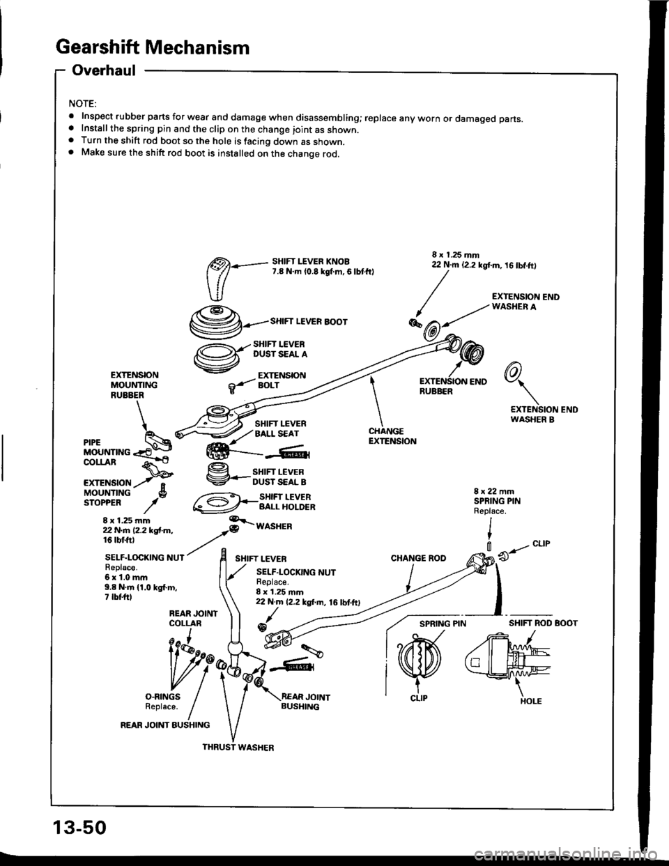 HONDA INTEGRA 1994 4.G Workshop Manual Gearshift Mechanism
Overhaul
NOTE:
.Insp€ctrubberpartsforwearanddamagewhendisassembling;replaceanywornordamagedparts.
. lnstallthe spring pin and the clip on the change joint as shown.. Turn the shi