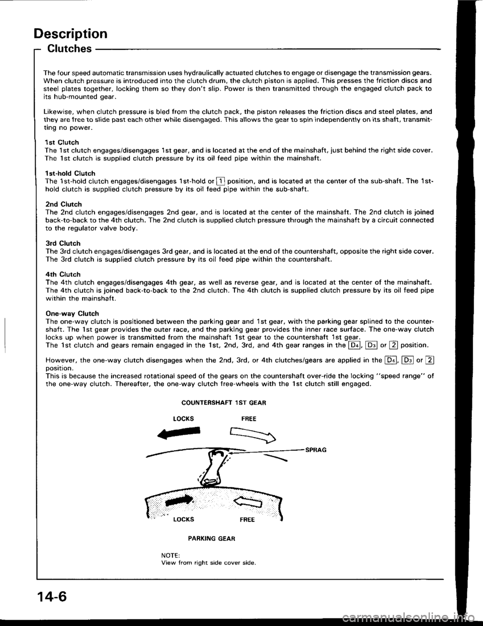 HONDA INTEGRA 1994 4.G Workshop Manual Description
Clutches
The four speed automatic transmission uses hydraulically actuated clutches to engage or disengage the transmission gears.
When clutch pressure is introduced into the clutch drum, 