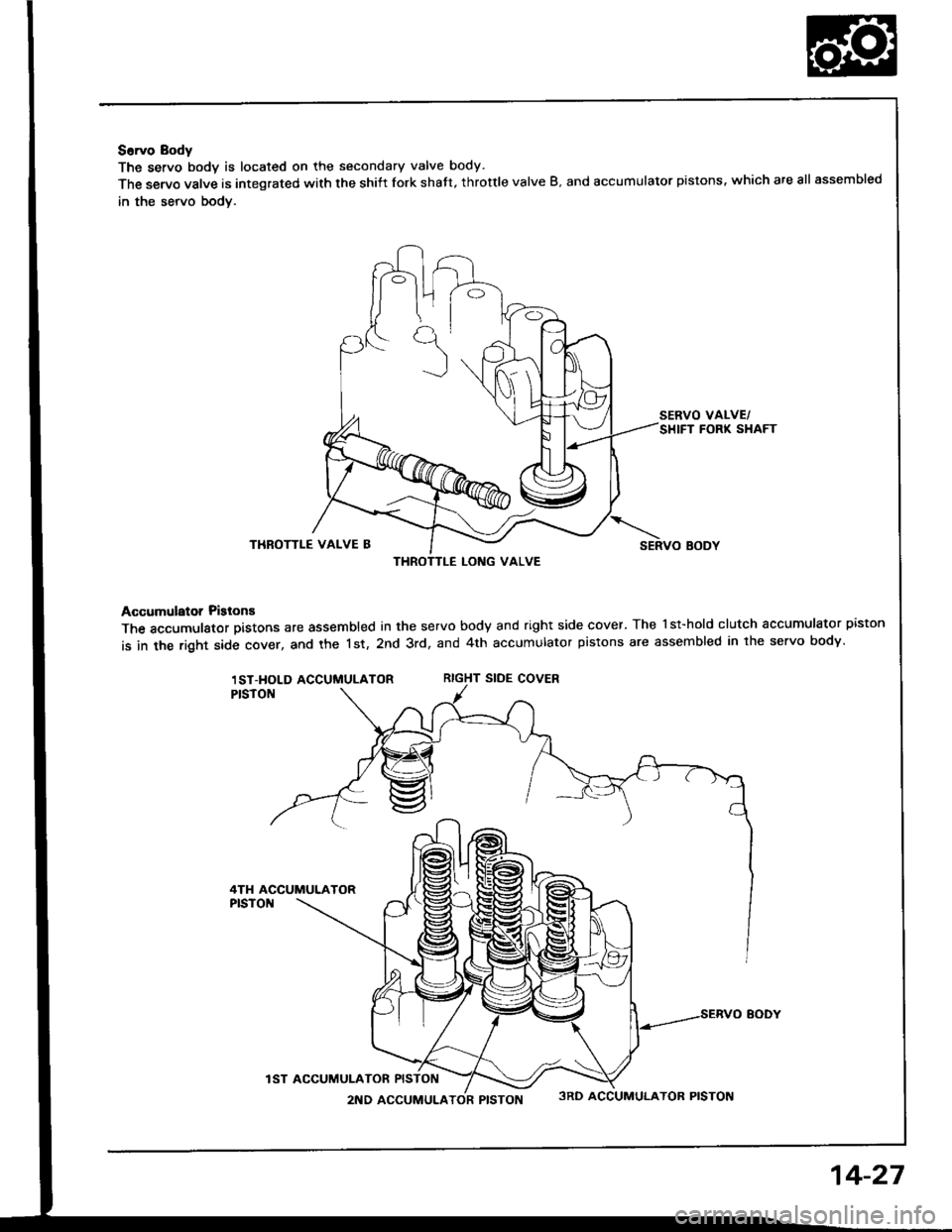 HONDA INTEGRA 1994 4.G Workshop Manual S6rvo Body
The servo bodv is located on the secondary valve body.
The servo valve is integrated with the shiit fork shatt, throttle valve B. and accumulator pistons, which are all assembled
in the ser HONDA INTEGRA 1994 4.G Workshop Manual S6rvo Body
The servo bodv is located on the secondary valve body.
The servo valve is integrated with the shiit fork shatt, throttle valve B. and accumulator pistons, which are all assembled
in the ser