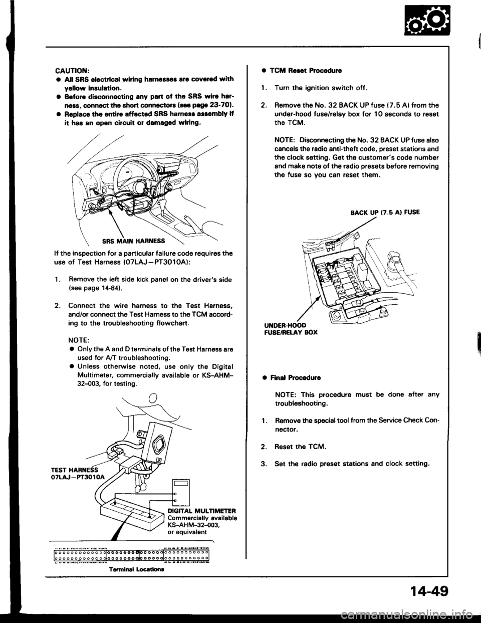 HONDA INTEGRA 1994 4.G Workshop Manual CAUTIOI{:
a All SRS eloctdcal wiring harna$os are covcred whh
yollow lnaulation.
a Sofora disconnecting any pan ot tho SRS wirc har
n6ss, connoct the short connoctots (s€6 pago 23-701.
a Roplacs th