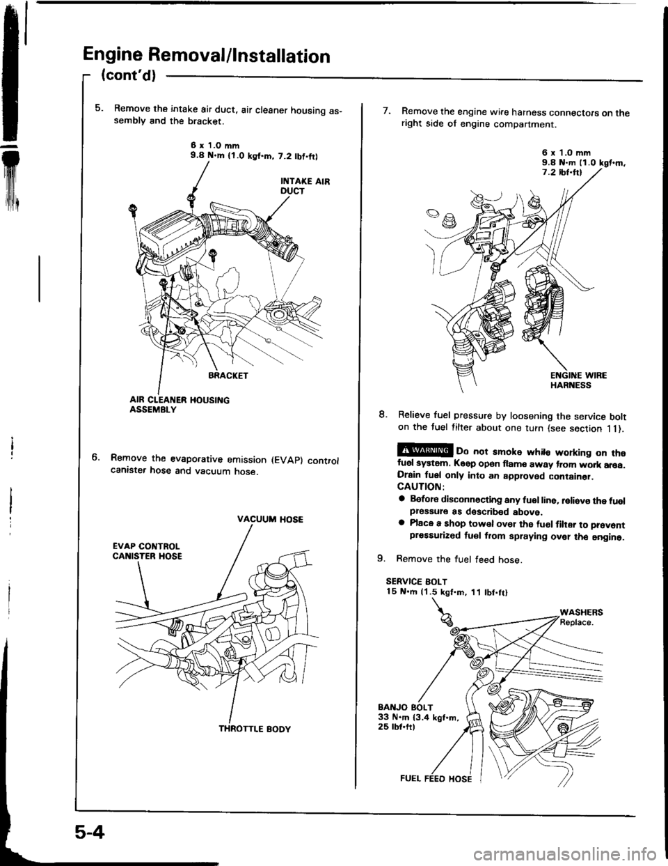 HONDA INTEGRA 1994 4.G Workshop Manual Engine Removal/lnstallation
m
(contd)
Remove the intake air duct, air cleaner housing as-semblv and the bracket.
6 x 1.O mm9.4 N.m {l.O ksf.m, 7.2 tbf,ftl
Remove the evaporative emission (EVAp) contr