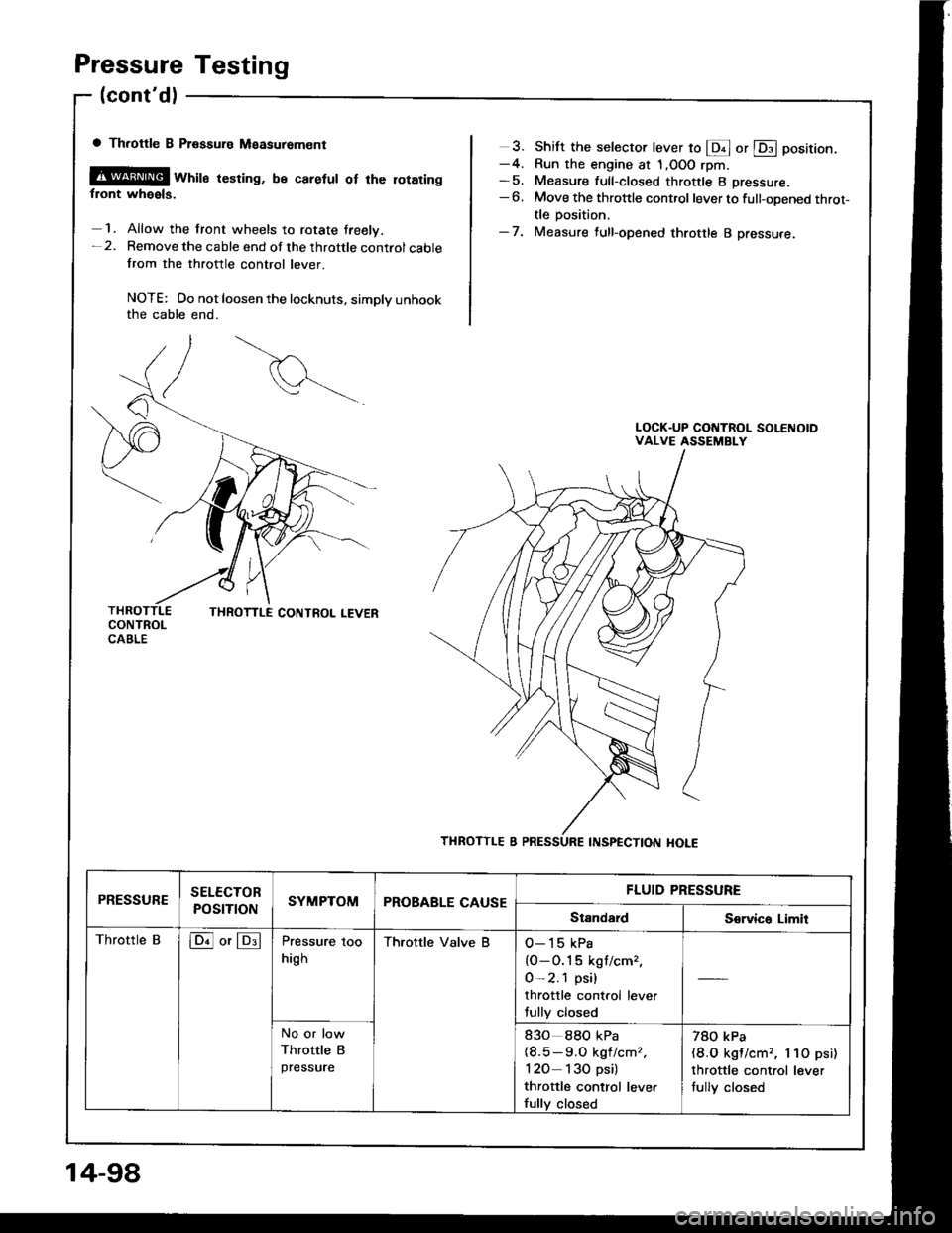 HONDA INTEGRA 1994 4.G Workshop Manual Pressure Testing
(contdl
a Throttle B Ptsssure Measuremcnt
@@ wrril" resring, be caretut ot rhe rotaringfront wheels.
1. Allow the front wheels to rotate treelv.-2. Remove the cable end of the thrott
