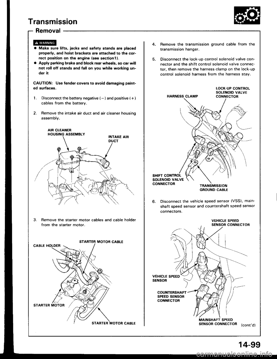 HONDA INTEGRA 1994 4.G Owners Manual Transmission
Removal
4.Bemove the t.ansmission ground cable from the
transmission hanger.
Disconnect the lock-uD control solenoid valve con-
nector and the shitt control solenoid valve connec-
tor, th