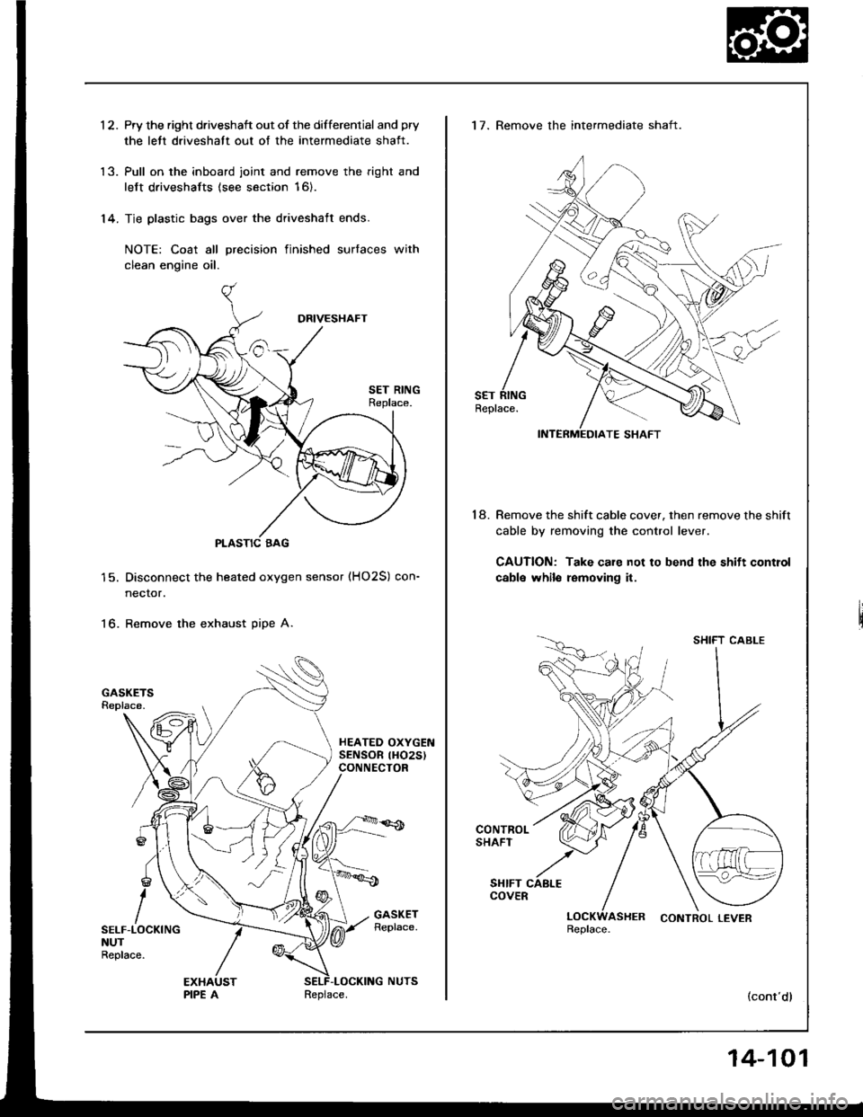 HONDA INTEGRA 1994 4.G Repair Manual 1 2. Pry the right driveshaft out of the differential and pry
the lett driveshatt out of the intermediate shaft.
13. Pull on the inboard joint and remove the right and
left driveshafts (see section 1 HONDA INTEGRA 1994 4.G Repair Manual 1 2. Pry the right driveshaft out of the differential and pry
the lett driveshatt out of the intermediate shaft.
13. Pull on the inboard joint and remove the right and
left driveshafts (see section 1