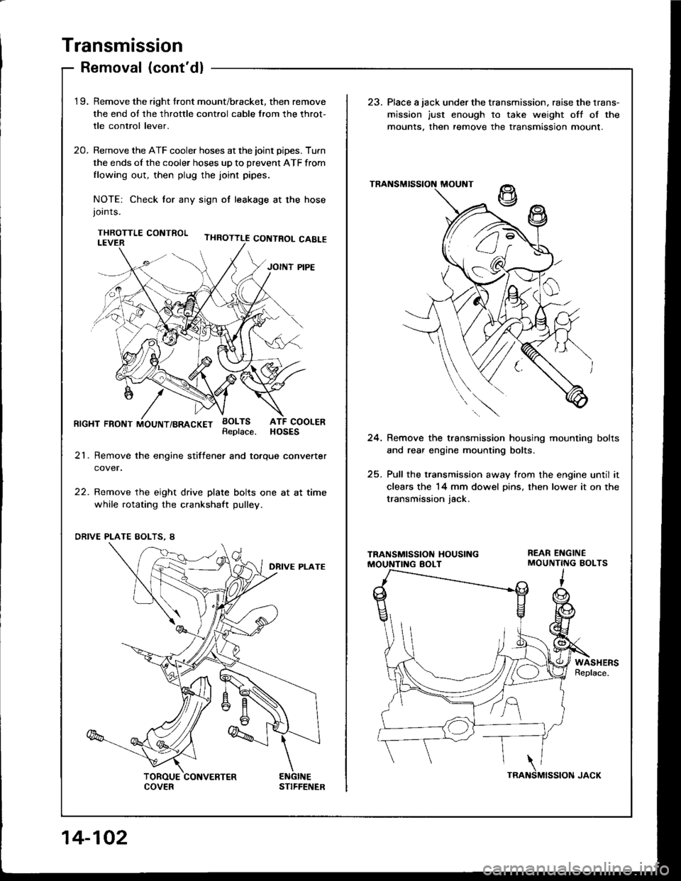 HONDA INTEGRA 1994 4.G Manual PDF Transmission
Removal (contdl
1 9.Remove the right tront mount/bracket, then remove
the end ol the throttle cont.ol cable trom the throt-
tle control lever.
Remove the ATF cooler hoses at the joint p HONDA INTEGRA 1994 4.G Manual PDF Transmission
Removal (contdl
1 9.Remove the right tront mount/bracket, then remove
the end ol the throttle cont.ol cable trom the throt-
tle control lever.
Remove the ATF cooler hoses at the joint p