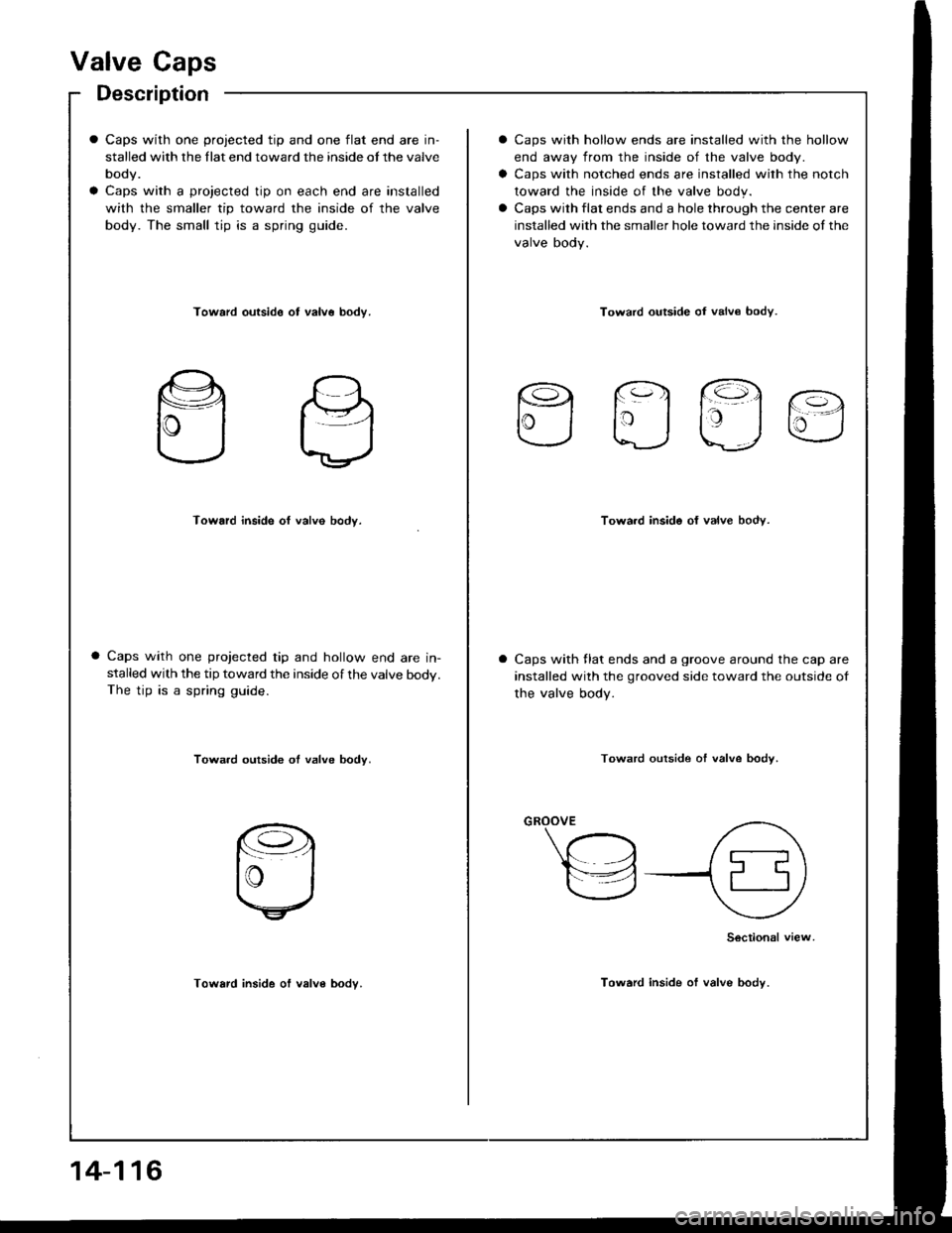 HONDA INTEGRA 1994 4.G Workshop Manual Valve Caps
Description
Caps with one projected tip and one flat end are in-
stalled with the llat end toward the inside ot the valve
body.
Caps with a projected tip on each end are installed
with the 