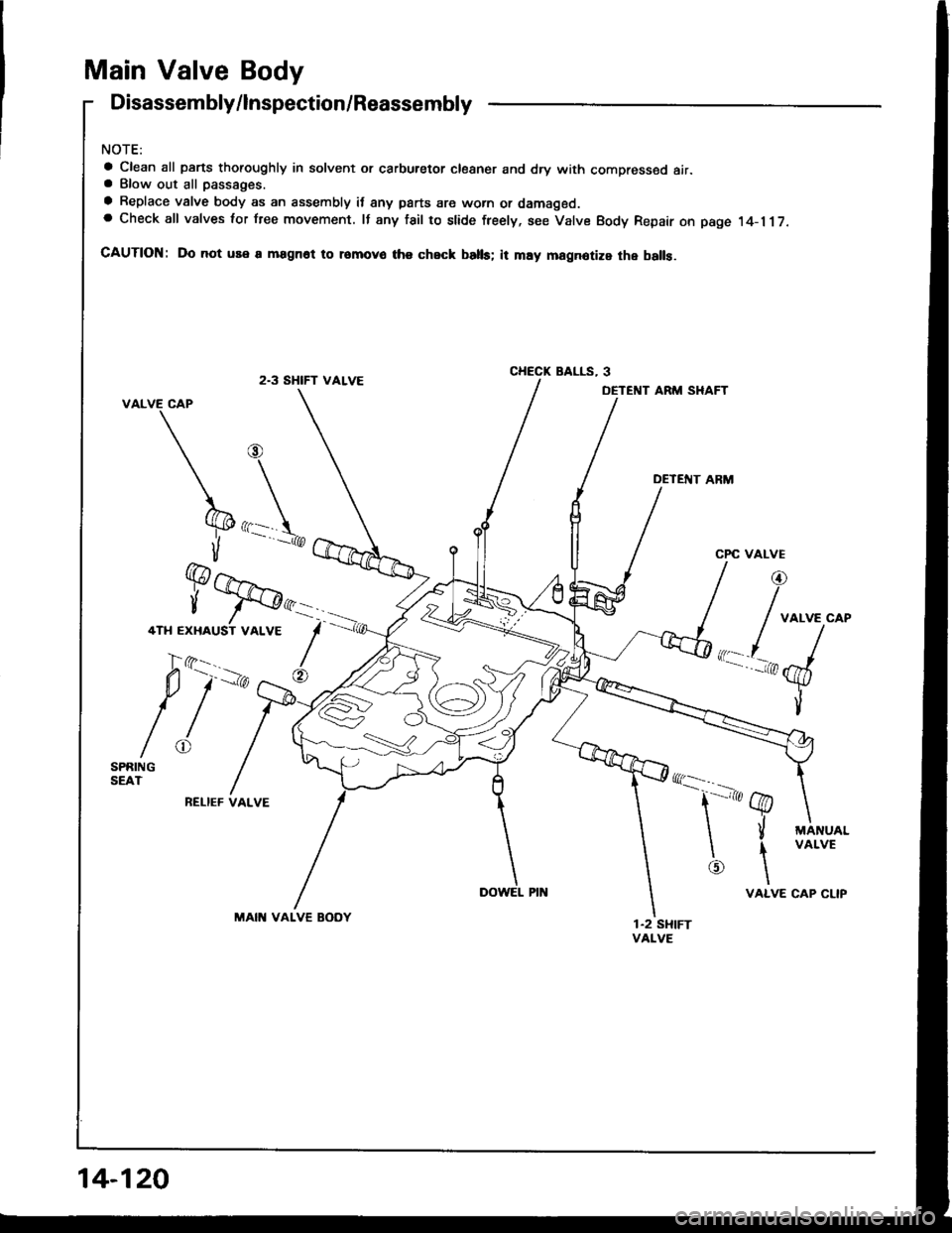 HONDA INTEGRA 1994 4.G Workshop Manual Main Valve Body
Disassembly/lnspection/Reassembly
NOTE:
a Clean all parts thoroughly in solvent or carburetor cloaner and dry with compressed air.a Blow out all passaoes.
a Replace valve body as an as
