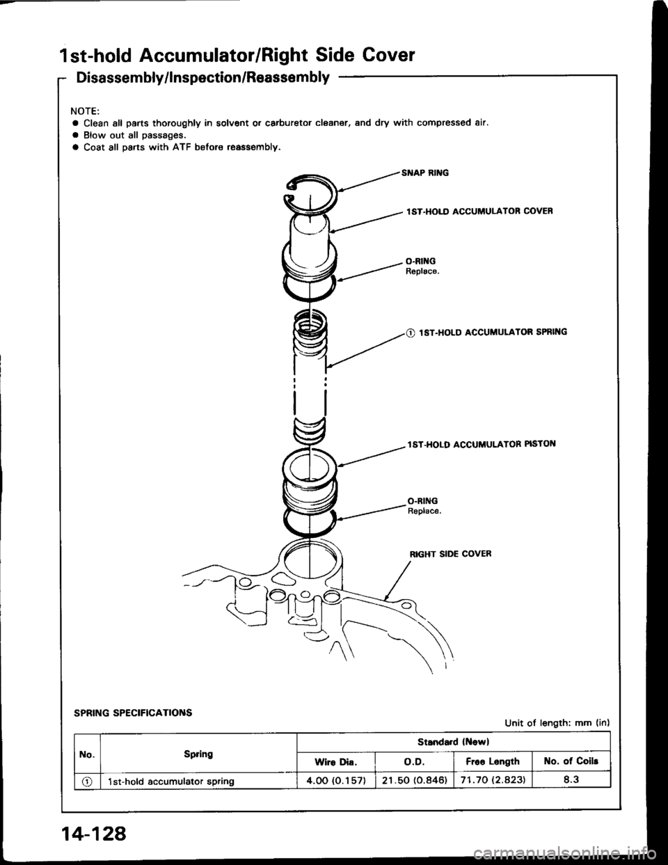 HONDA INTEGRA 1994 4.G Workshop Manual 1st-hold Accumulator/Right Side Cover
Disassembly/lnspection/Reassembly
NOTE:
a Clean all pans thoroughly in solvsnt o, carburetor cleaner, and dry with compressed 8ir.
a Blow out all passages.
a coat