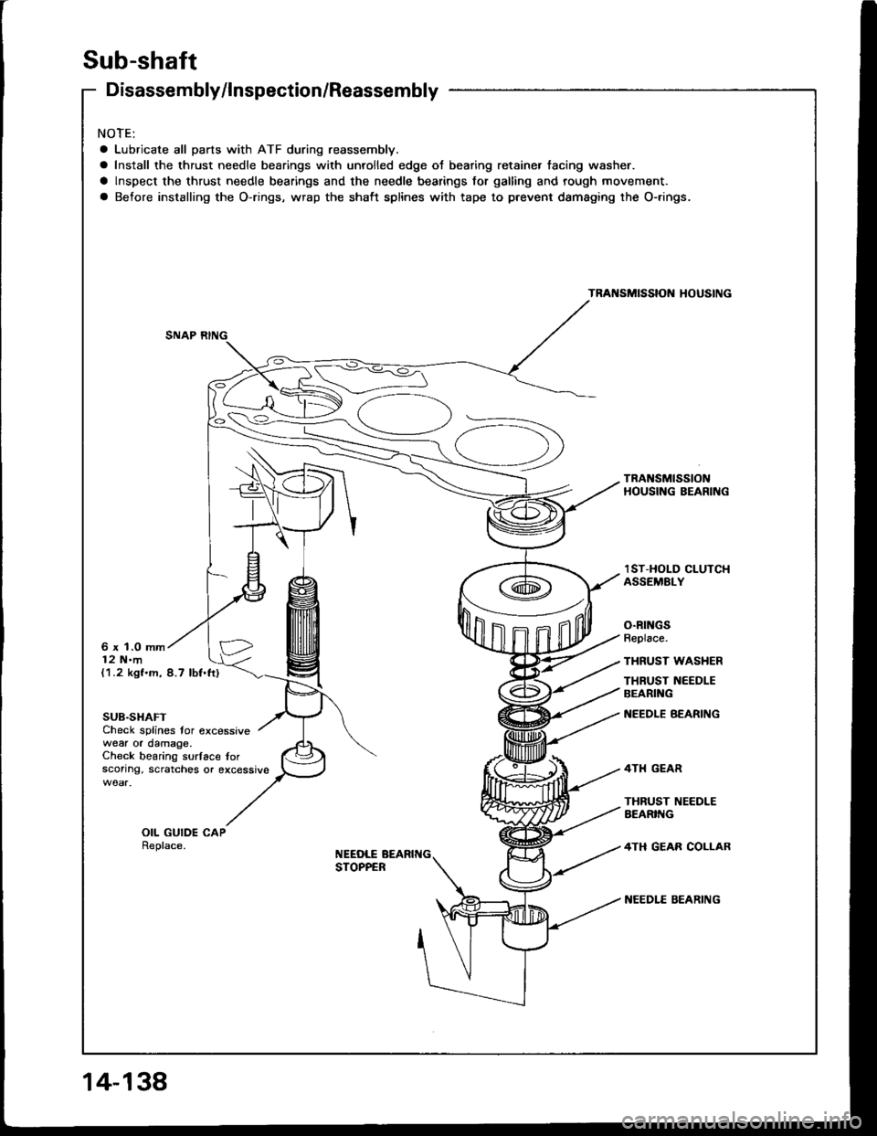 HONDA INTEGRA 1994 4.G Owners Manual Sub-shaft
Disassembly/lnspection/Reassembly
NOTE:
a Lubricate all parts with ATF during reassembly.
a Install the thrust needle bearings with unrolled edge ot bearing retainer tacing washer.
a lnspect HONDA INTEGRA 1994 4.G Owners Manual Sub-shaft
Disassembly/lnspection/Reassembly
NOTE:
a Lubricate all parts with ATF during reassembly.
a Install the thrust needle bearings with unrolled edge ot bearing retainer tacing washer.
a lnspect