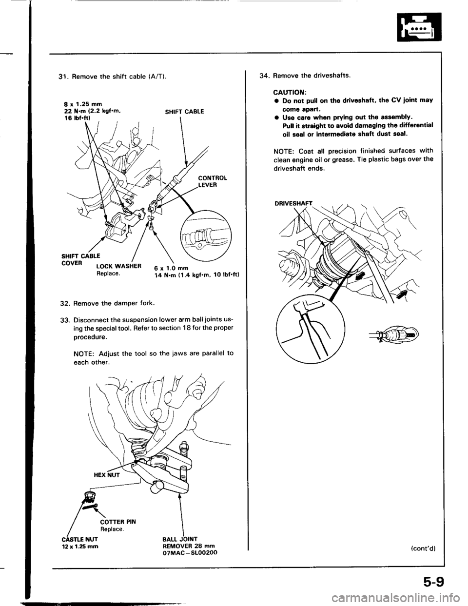 HONDA INTEGRA 1994 4.G Repair Manual 31. Remove the shift cable
I x 1.25 mm22 f.m 12.2 kglrn16 tbl.ftl
(A/T).
SHIFT CABLE
32.
33.
CONTROLLEVER
SHIFT CAALEcovER locx usiea6 x 1.0 mm14 N.m t1.4 kgf.m, 10 lblftlReplace.
Remove the damper