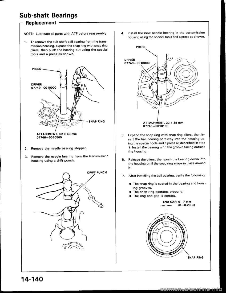 HONDA INTEGRA 1994 4.G Owners Manual Sub-shaft Bearings
Replacement
NOTE: Lubricate all parts with ATF before reassembly
l . To remove the sub-shaft ball bearing trom the trans-
mission housing. expand the snap ring with snap ring
plier HONDA INTEGRA 1994 4.G Owners Manual Sub-shaft Bearings
Replacement
NOTE: Lubricate all parts with ATF before reassembly
l . To remove the sub-shaft ball bearing trom the trans-
mission housing. expand the snap ring with snap ring
plier