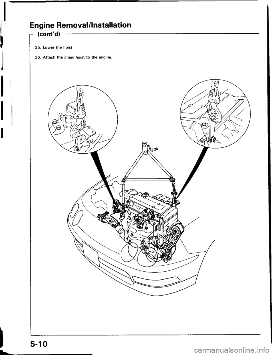 HONDA INTEGRA 1994 4.G Repair Manual Engine Removal/lnstallation
I
II
I
I
I
(contd)
35. Lower the hoist.
36. Attach the chain hoist to the engine. 