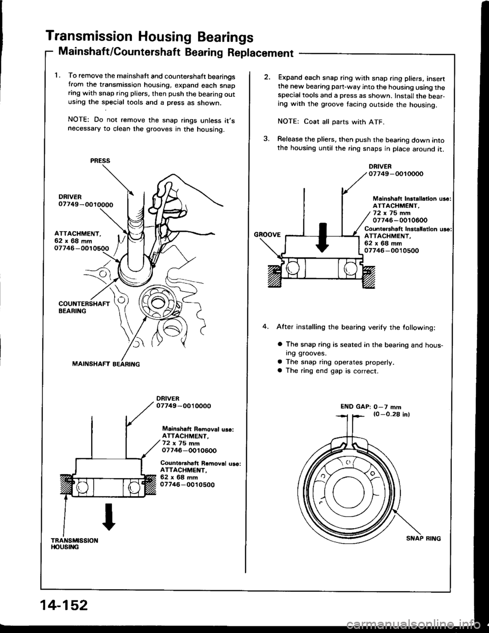 HONDA INTEGRA 1994 4.G Owners Manual Transmission Housing Bearings
Mainshaft/Countershaft Bearing Replacement
1. To remove the mainshaft and counte.shaft bearingstrom the transmission housing, expand each snapring with snap ring pliers, HONDA INTEGRA 1994 4.G Owners Manual Transmission Housing Bearings
Mainshaft/Countershaft Bearing Replacement
1. To remove the mainshaft and counte.shaft bearingstrom the transmission housing, expand each snapring with snap ring pliers,