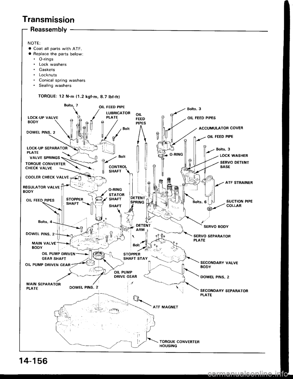 HONDA INTEGRA 1994 4.G Workshop Manual Transmission
NOTE:
a Coat all parts with ATF.a Replace the parts below:. O-rings. Lock washers. Gaskets. Locknuts. Conical spring washers. Sealing washers
TOROUE: 12 N.m (1.2 kgt.m, 8.7 tbf.fr)
LOCK-U HONDA INTEGRA 1994 4.G Workshop Manual Transmission
NOTE:
a Coat all parts with ATF.a Replace the parts below:. O-rings. Lock washers. Gaskets. Locknuts. Conical spring washers. Sealing washers
TOROUE: 12 N.m (1.2 kgt.m, 8.7 tbf.fr)
LOCK-U