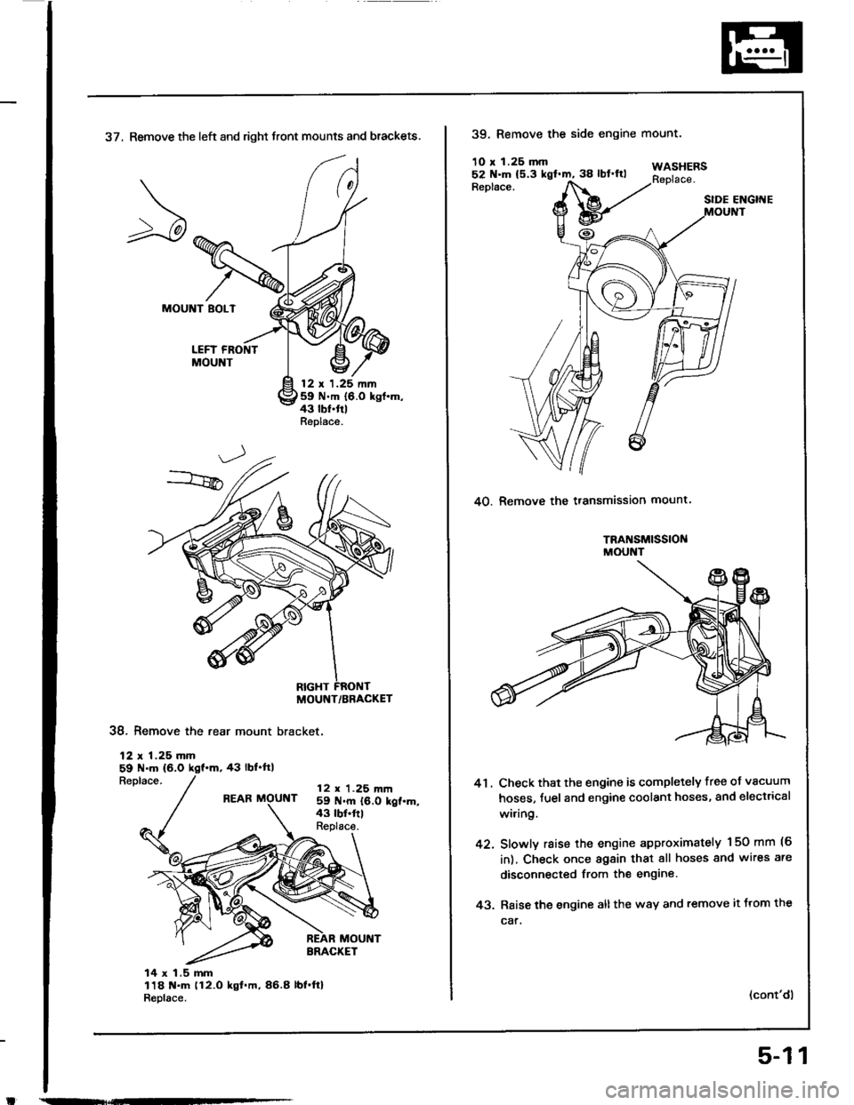 HONDA INTEGRA 1994 4.G Workshop Manual 37, Remove the left and right front mounts and brackets.
MOUNT BOLT
LEFT FRONTMOUNT
12 t 1.25 nn59 N.m {6.0 kgt.m,43 lbf.trlReplace.
38. Remove the rear mount bracket,
12 r 1.25 mm59 N.m (6.0
Replace.