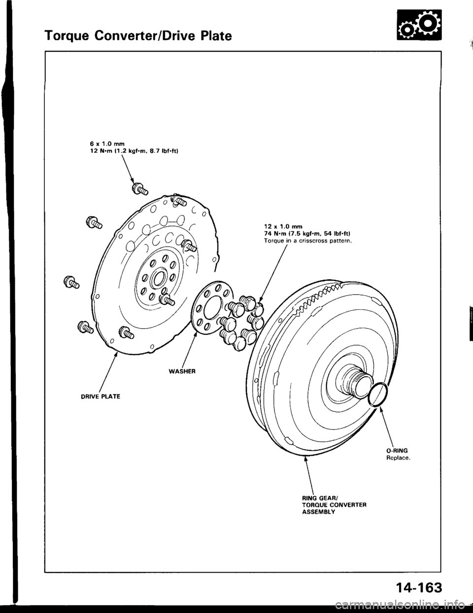 HONDA INTEGRA 1994 4.G Workshop Manual Torque Converter/Drive Plate
6 xl.O mm12 N.m {1.2 kgf.m, 8.7 lbftt)
12 x 1.0 mm74 N.m {7.5 kgf.m, 54 lbl.ftlTorque in a crisscross pattern.
0
0d
DRIVE PLATE
TOROUE CONVERTERASSEMELY
14-163 HONDA INTEGRA 1994 4.G Workshop Manual Torque Converter/Drive Plate
6 xl.O mm12 N.m {1.2 kgf.m, 8.7 lbftt)
12 x 1.0 mm74 N.m {7.5 kgf.m, 54 lbl.ftlTorque in a crisscross pattern.
0
0d
DRIVE PLATE
TOROUE CONVERTERASSEMELY
14-163
