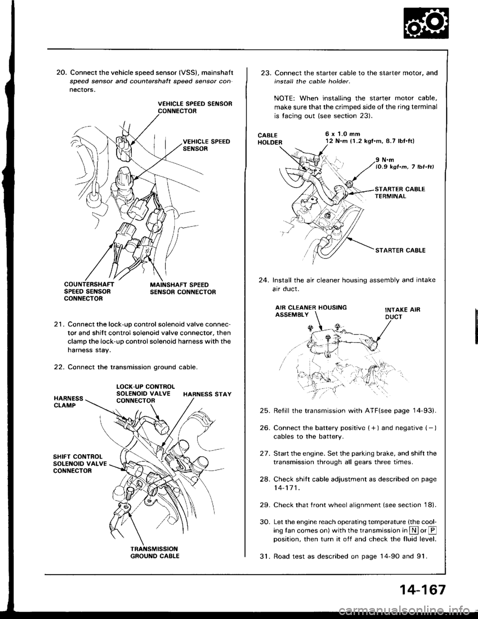 HONDA INTEGRA 1994 4.G Workshop Manual 20. Connect the vehicle speed sensor (VSS), mainshatt
speed sensor and counterchalt speed sensor con
nectors.
VEHICLE SPEED SEiISORCONNECTOR
21. Connect the lock-uD control solenoid valve connec-
tor 