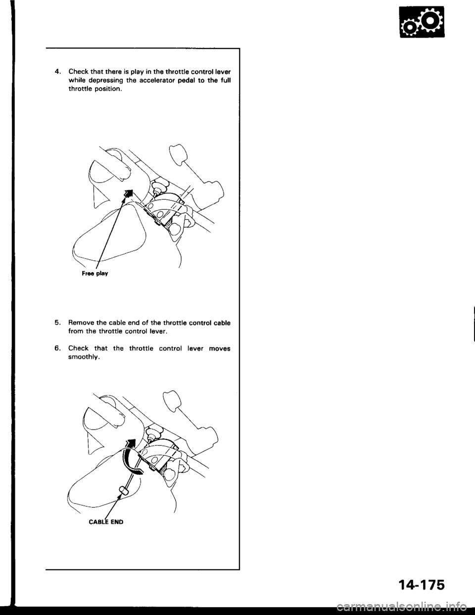 HONDA INTEGRA 1994 4.G Workshop Manual 4.Check that there is play in the th,ottle control lever
while dep.essing the accelerator pedsl to th€ full
throttle Dosition.
Remove the cable end of the th.ottle control cable
from the throttle co