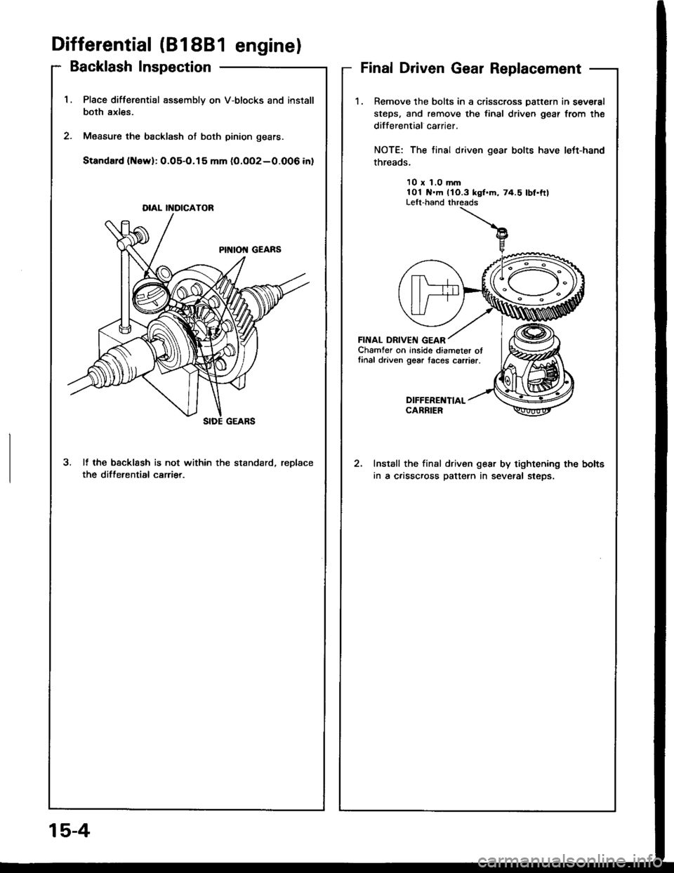 HONDA INTEGRA 1994 4.G Service Manual 1.Place difterential assembly on V-blocks and install
both axles.
M€asure the backlash of both pinion gears.
Standard (New):0.05-O.15 mm (0.OO2-0.006 inl
3. It the bscklssh is not within the standa HONDA INTEGRA 1994 4.G Service Manual 1.Place difterential assembly on V-blocks and install
both axles.
M€asure the backlash of both pinion gears.
Standard (New):0.05-O.15 mm (0.OO2-0.006 inl
3. It the bscklssh is not within the standa