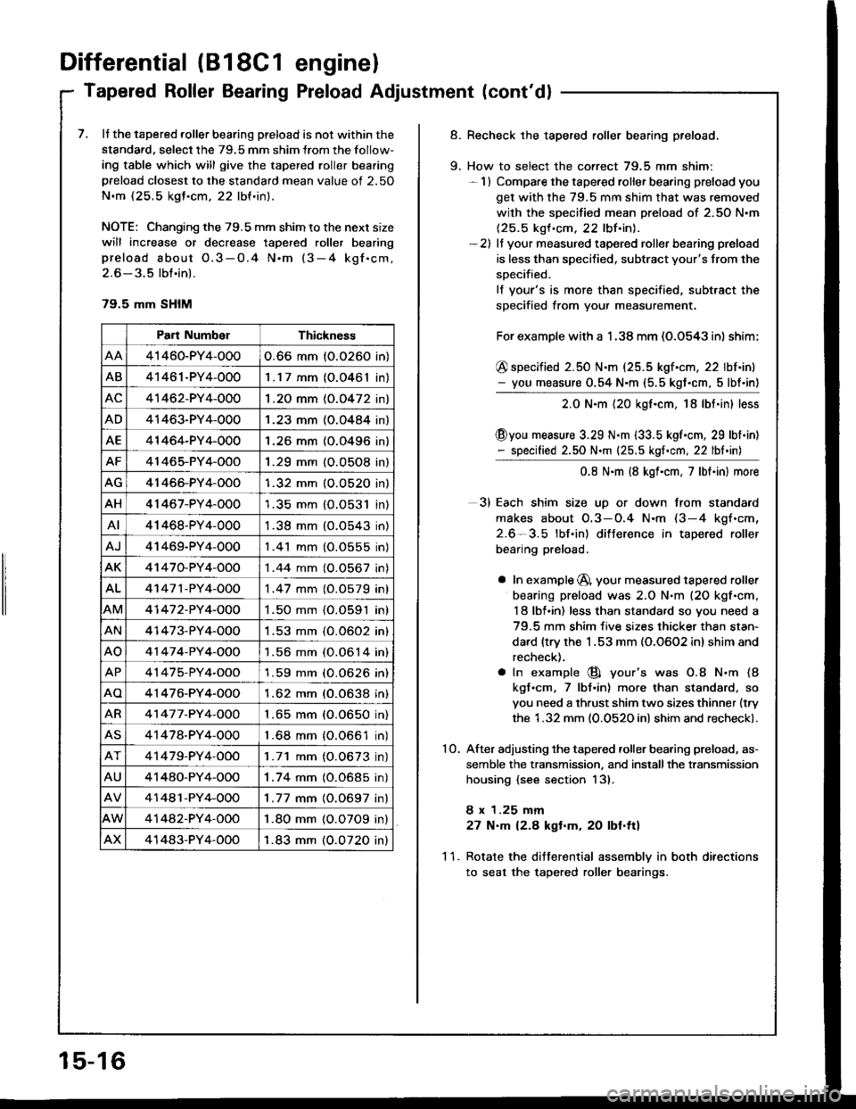 HONDA INTEGRA 1994 4.G Manual Online Differential (B18C1 enginel
Tapered Roller Bearing Preload Adjustment (contdl
7. It the tapered roller bearing preload is not within the
standard, select the 79.5 mm shim lrom the follow-
ing table w HONDA INTEGRA 1994 4.G Manual Online Differential (B18C1 enginel
Tapered Roller Bearing Preload Adjustment (contdl
7. It the tapered roller bearing preload is not within the
standard, select the 79.5 mm shim lrom the follow-
ing table w