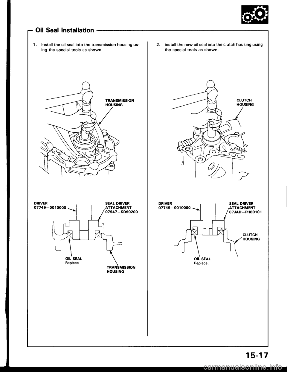 HONDA INTEGRA 1994 4.G Workshop Manual 1.lnstallthe oil seal into the transmission housinq us-
ing the special tools as shown.
Install the new oil seal into the clutch housing using
the soecial tools as shown.
DRIVER07749-OOIOOOODRIVER0774