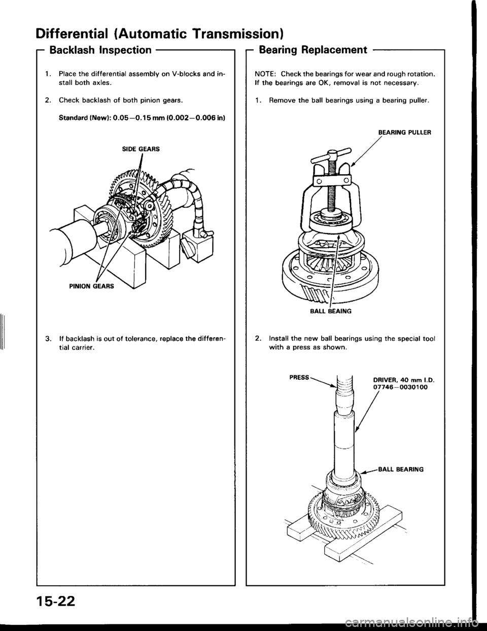 HONDA INTEGRA 1994 4.G Service Manual Differential (AutomaticTransmission)
Backlash InspectionBearing Replacement
1.Place the differential assembly on V-blocks and in-
stall both axles.
Check backlash of both pinion gears.
Standard (New): HONDA INTEGRA 1994 4.G Service Manual Differential (AutomaticTransmission)
Backlash InspectionBearing Replacement
1.Place the differential assembly on V-blocks and in-
stall both axles.
Check backlash of both pinion gears.
Standard (New):