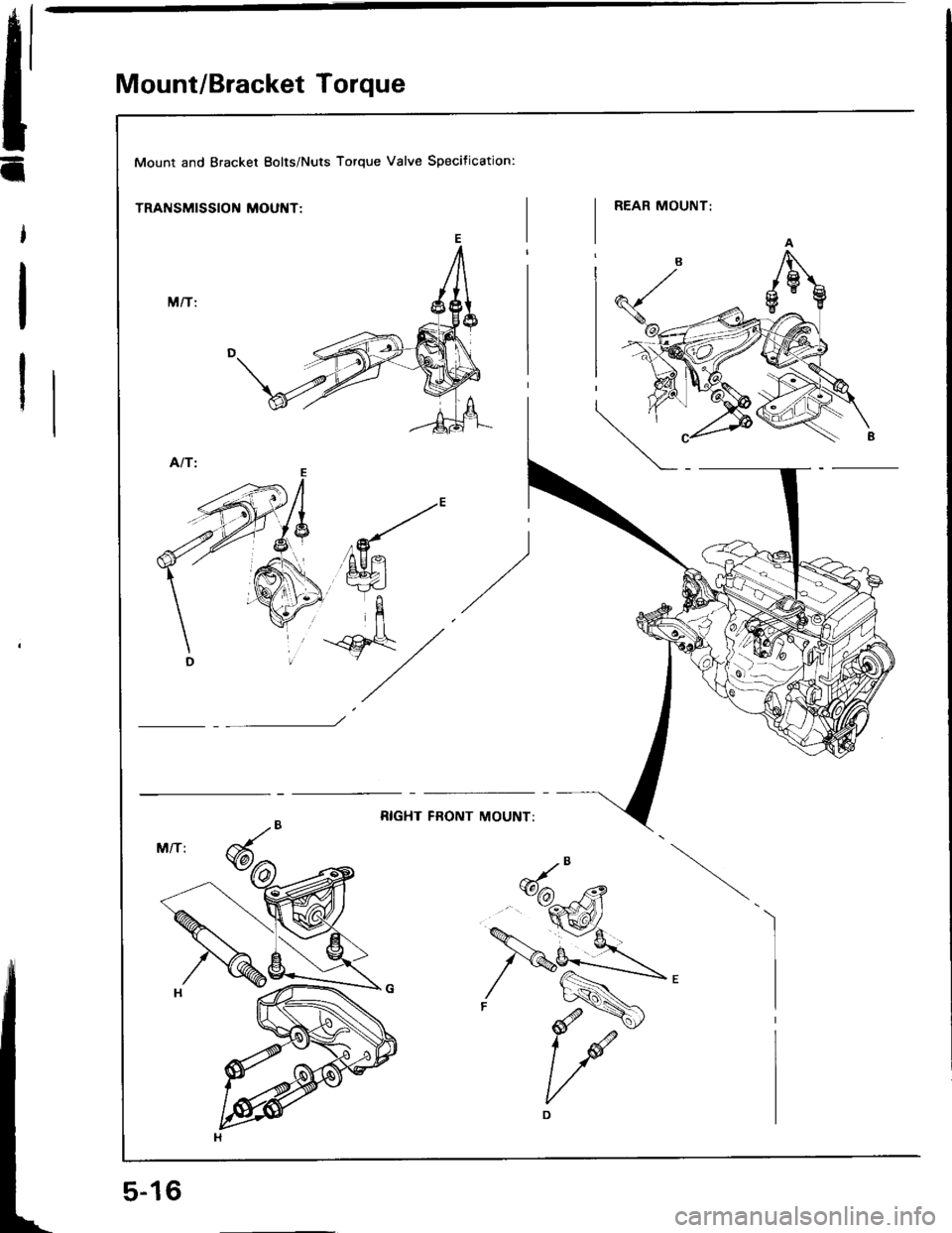 HONDA INTEGRA 1994 4.G Repair Manual il
I
I
I
Mount/Bracket Torque
Mount and Bracket Eolts/Nuts Torque Valve Specification:
TRANSMISSION MOUNT: HONDA INTEGRA 1994 4.G Repair Manual il
I
I
I
Mount/Bracket Torque
Mount and Bracket Eolts/Nuts Torque Valve Specification:
TRANSMISSION MOUNT: