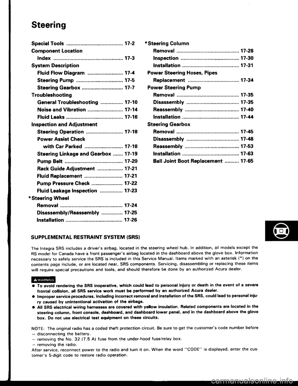 HONDA INTEGRA 1994 4.G Workshop Manual Steering
Special Tools ............. 17-2
Component Location
lndex ................ ...... 17-3
System Description
Ff uid Flow Diagram ......................... 17 -1
Steering Pump ................... HONDA INTEGRA 1994 4.G Workshop Manual Steering
Special Tools ............. 17-2
Component Location
lndex ................ ...... 17-3
System Description
Ff uid Flow Diagram ......................... 17 -1
Steering Pump ...................