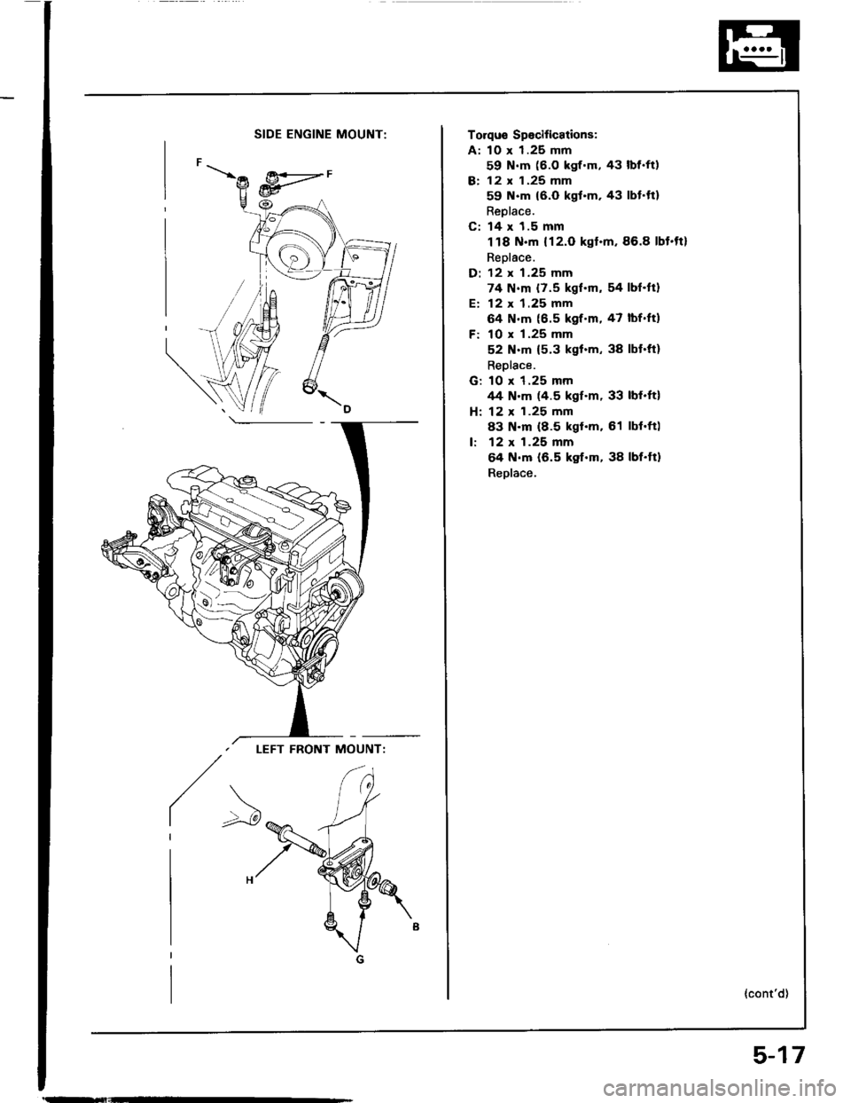 HONDA INTEGRA 1994 4.G Workshop Manual SIDE ENGINE MOUNT:
LEFT FRONT MOUNT:
/>
Torqus Spocifications:
A: 10 x 1.25 mm
59 N.m (6.O kgf.m, 43 lbf.ft)
B: 12 x 1.25 mm
59 N.m {6.0 kgt.m. 43 lbt.ft}
Reolace.
C: 14 x 1.5 mm
118 N.m {12.O kgt.m,8