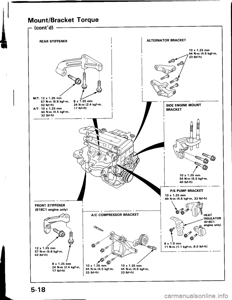HONDA INTEGRA 1994 4.G Workshop Manual Mount/Bracket Torque
(contd)
REAR STIFFENER
M/T: 12 x 1.25 mm57 N.m 15.8 kgfm,42 rbf.ft)A/T: 10 x 1.25 mm/14 N.m {4.5 kgf.m,32 tbt.ftl
ALTERNATOR BRACKET
10 x 1.25 mm
8x1.25mm24 N.m 12.4 kgfm,
17 
