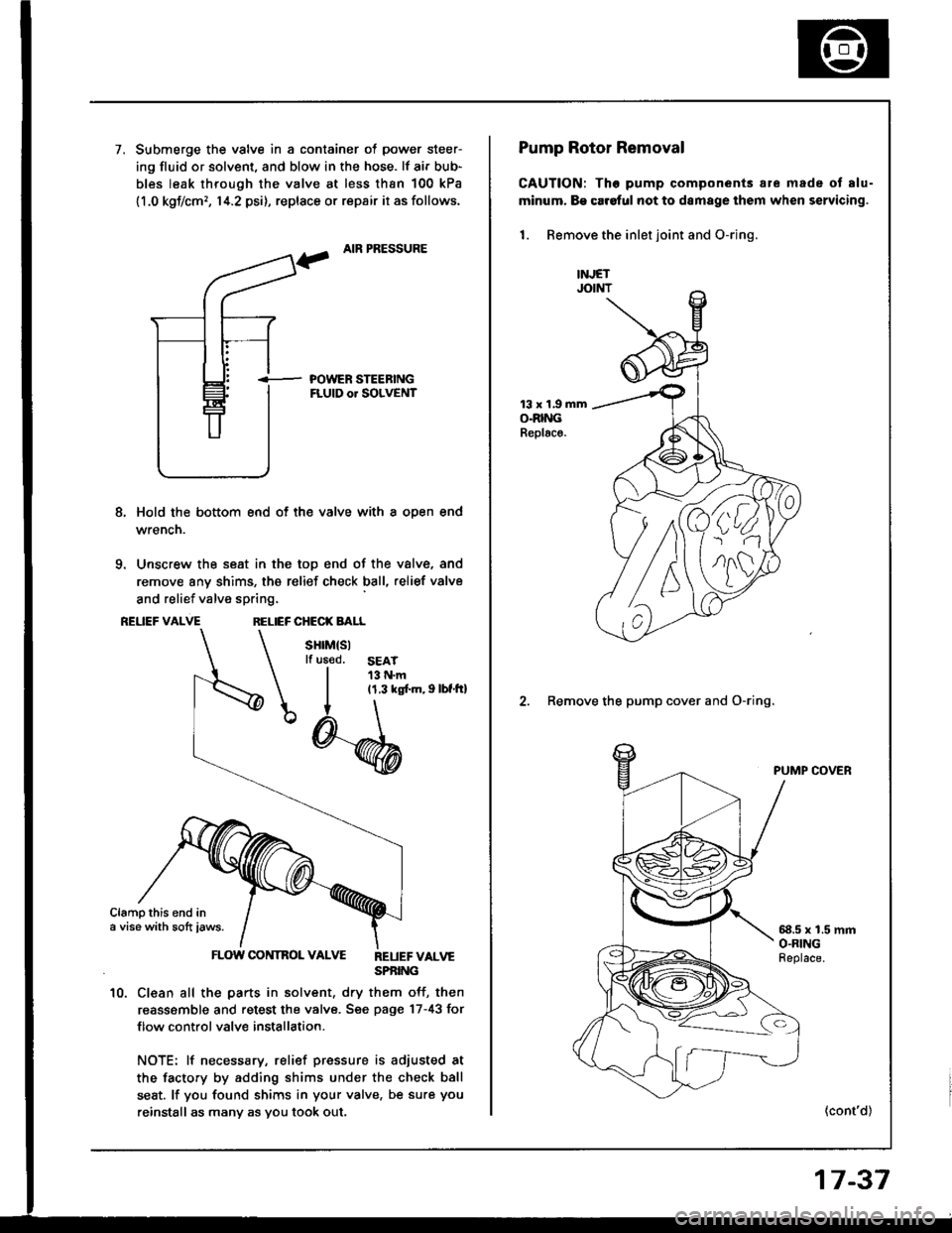 HONDA INTEGRA 1994 4.G Workshop Manual 7.Submerge the valve in a container of power steer-
ing fluid or solvent, and blow in the hose. lf air bub-
bles leak through the valve at less than 100 kPa
11.0 kgf/cm,, 14.2 psi), replace or repair HONDA INTEGRA 1994 4.G Workshop Manual 7.Submerge the valve in a container of power steer-
ing fluid or solvent, and blow in the hose. lf air bub-
bles leak through the valve at less than 100 kPa
11.0 kgf/cm,, 14.2 psi), replace or repair