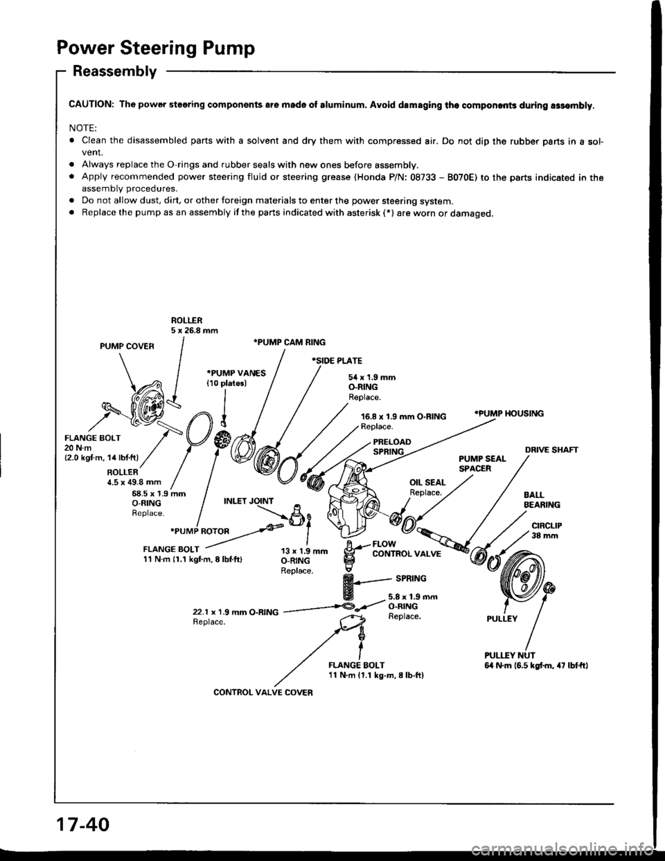 HONDA INTEGRA 1994 4.G Service Manual Power Steering Pump
Reassembly
CAUTION: The power steering componsnts are mado of sluminum. Avoid dsmaging th€ componcnts during assombly,
NOTE:
. Clean the disassembled pans with a solvent and dry HONDA INTEGRA 1994 4.G Service Manual Power Steering Pump
Reassembly
CAUTION: The power steering componsnts are mado of sluminum. Avoid dsmaging th€ componcnts during assombly,
NOTE:
. Clean the disassembled pans with a solvent and dry