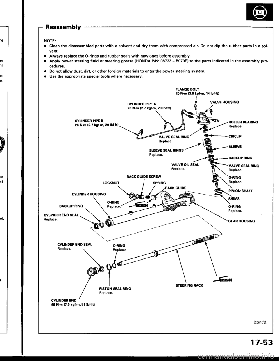 HONDA INTEGRA 1994 4.G Workshop Manual Reassembly
NOTE:
. Clean the disassembled parts with a solvent and dry them with compressed air. Do not dip the rubber parts in a sol-
vent.
. Always replace the O-rings and rubber seals with new ones HONDA INTEGRA 1994 4.G Workshop Manual Reassembly
NOTE:
. Clean the disassembled parts with a solvent and dry them with compressed air. Do not dip the rubber parts in a sol-
vent.
. Always replace the O-rings and rubber seals with new ones