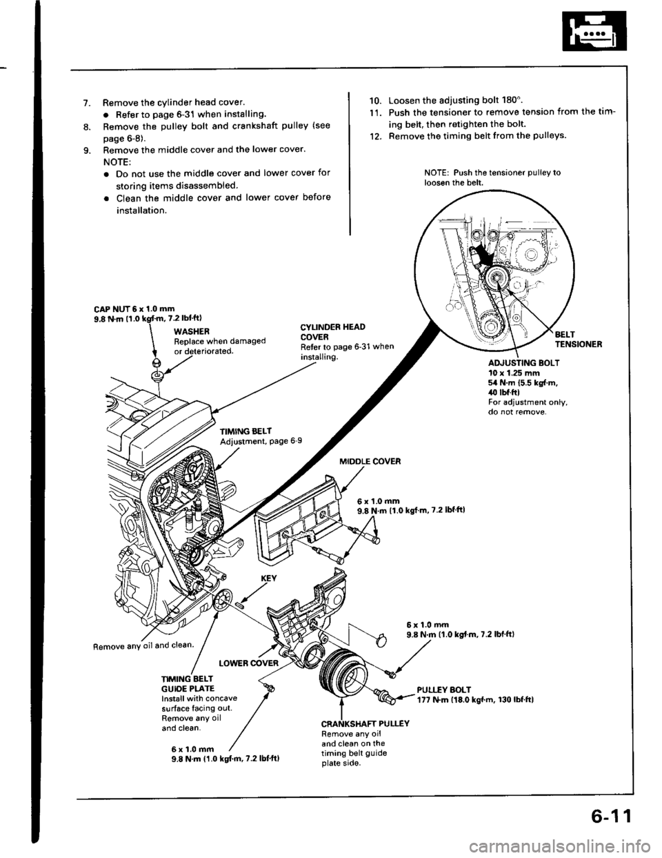 HONDA INTEGRA 1994 4.G Workshop Manual 1.Remove the cylinder head cover.
. Refer to page 6-31 when installing.
Remove the Dulley bolt and crankshaft pulley (see
page 6-8).
Remove the middle cover and the lower cover.
NOTE:
. Do not use the