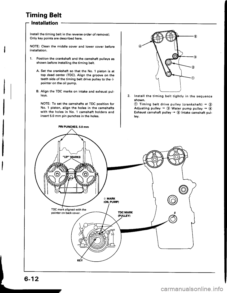 HONDA INTEGRA 1994 4.G Workshop Manual Timing Belt
Installation
Install the timing belt in the revorce order of removal;
Only key points are described here,
NOTE: Cl€an the middle cover and lower cover beforeinstallation.
L Position the 