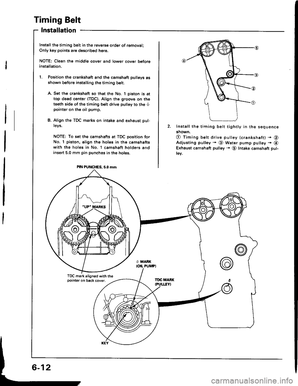 HONDA INTEGRA 1994 4.G Workshop Manual Timing Belt
Installation
Install the timing belt in the revorce order of removal;
Only key points are described here,
NOTE: Cl€an the middle cover and lower cover beforeinstallation.
L Position the HONDA INTEGRA 1994 4.G Workshop Manual Timing Belt
Installation
Install the timing belt in the revorce order of removal;
Only key points are described here,
NOTE: Cl€an the middle cover and lower cover beforeinstallation.
L Position the
