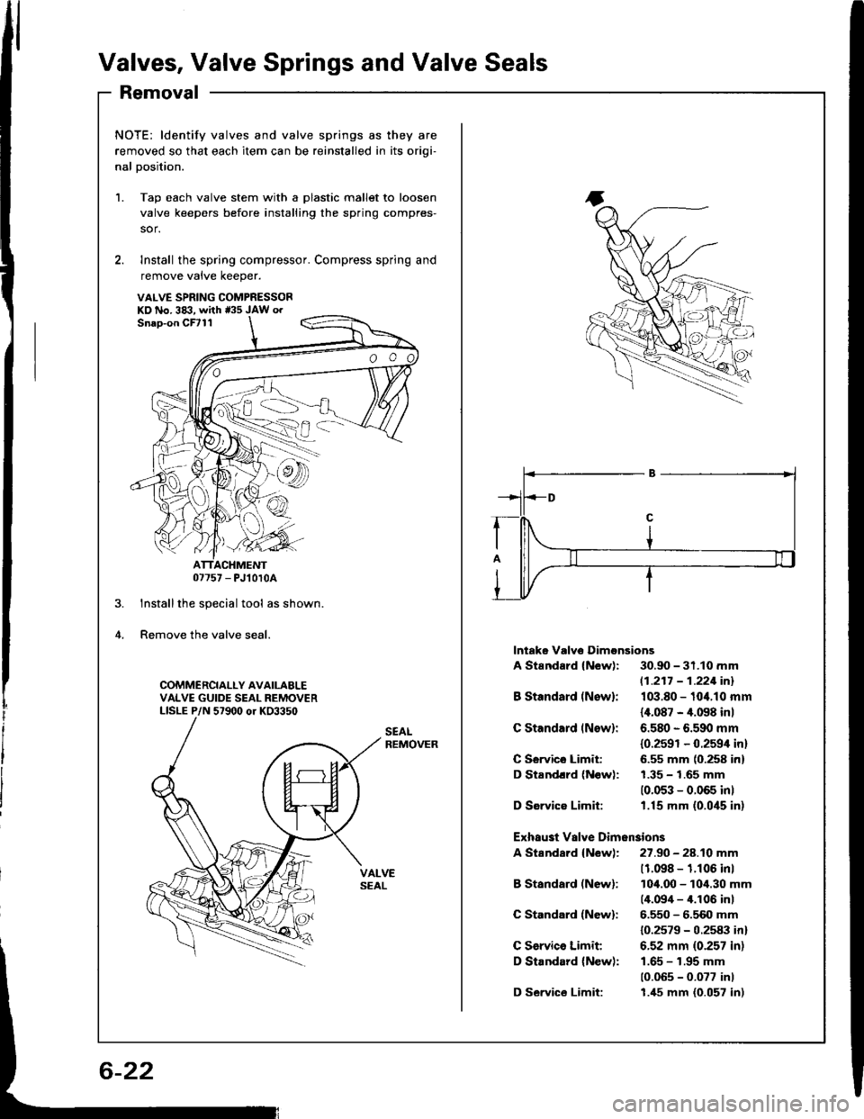 HONDA INTEGRA 1994 4.G Workshop Manual Valves, Valve Springs and Valve Seals
Removal
1.
2.
NOTE: ldentify valves and valve springs as they are
removed so that each item can be reinstalled in its oriqi-
nal Dosition.
Tap each valve stem wit
