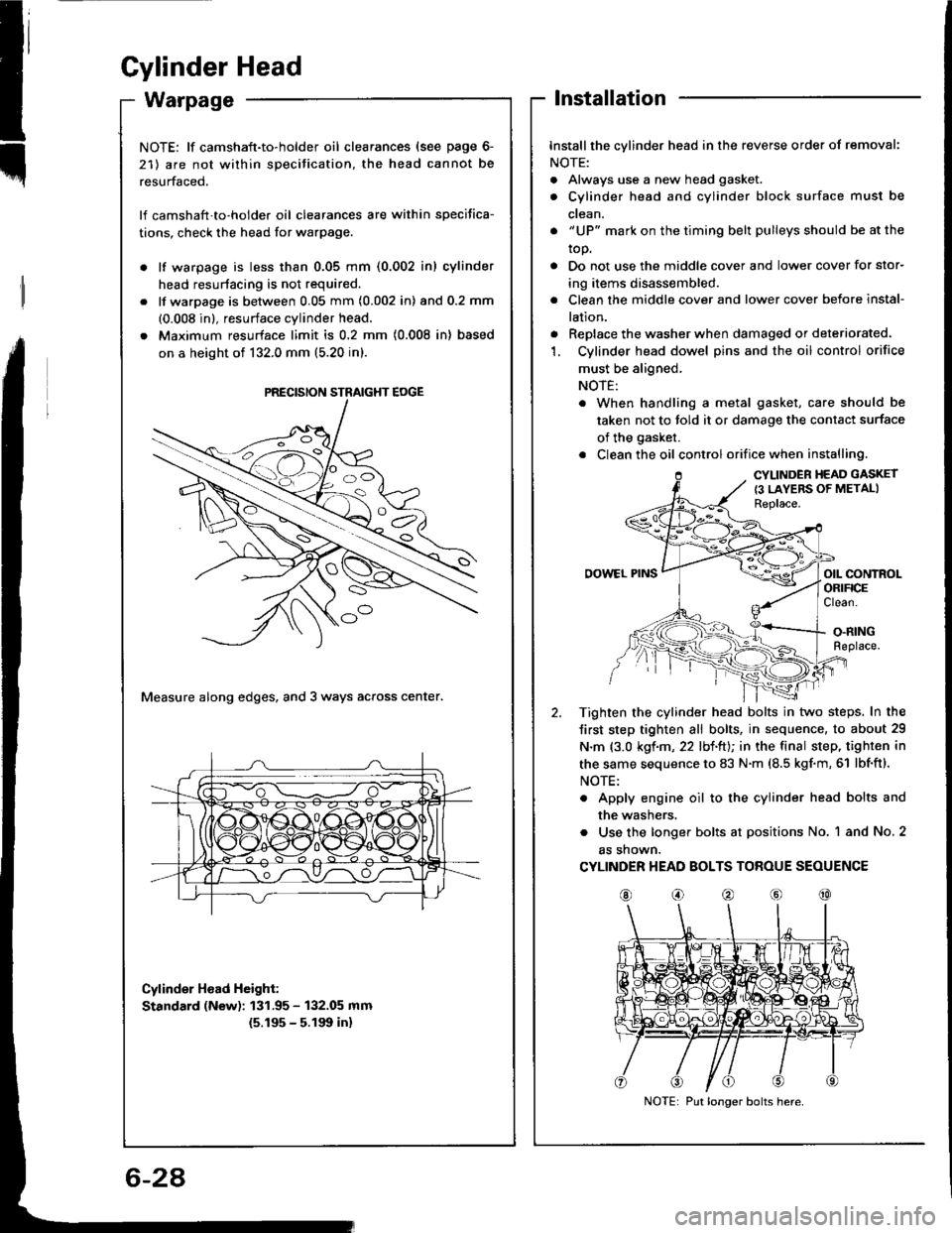HONDA INTEGRA 1994 4.G Workshop Manual t
Gylinder Head
Installation
Installthe cylinder head in the reverse order of removal:
NOTE:
. Always use a new head gasket.
. Cylinder head and cylinder block surface must be
ctean.
. "UP" mark on th