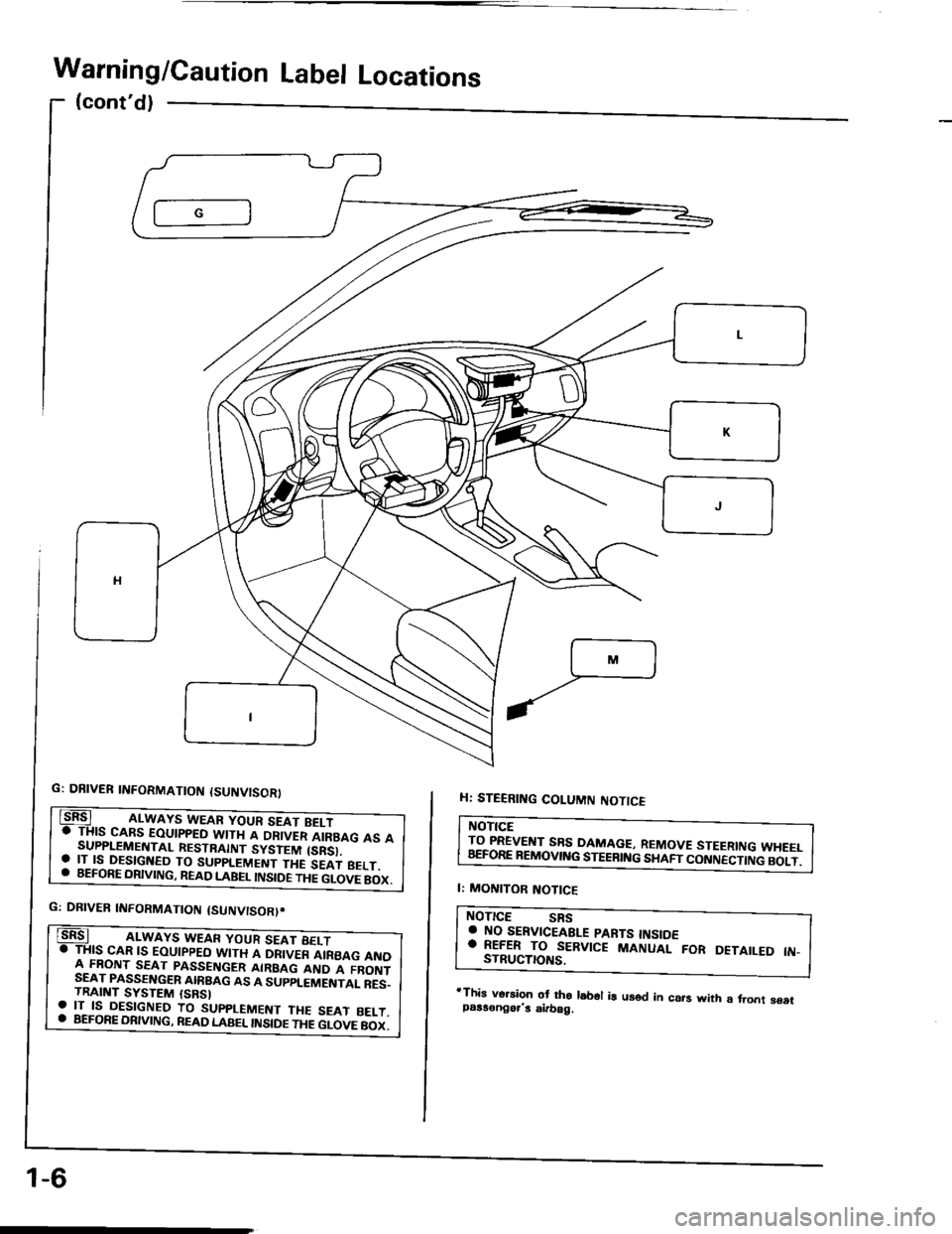 HONDA INTEGRA 1994 4.G Workshop Manual Warning/Caution Label Locations
(contd)
G: DBIVEB TNFORMATTON {SUNV|SORt
rThis vo.3ion ot tho lsb€l i! us6d in csrs wtth a,ront soatpaas€ngors airbag.
G: DBIVEB INFORMATTON {SUNvtSORt.
. BEFoRE HONDA INTEGRA 1994 4.G Workshop Manual Warning/Caution Label Locations
(contd)
G: DBIVEB TNFORMATTON {SUNV|SORt
rThis vo.3ion ot tho lsb€l i! us6d in csrs wtth a,ront soatpaas€ngors airbag.
G: DBIVEB INFORMATTON {SUNvtSORt.
. BEFoRE