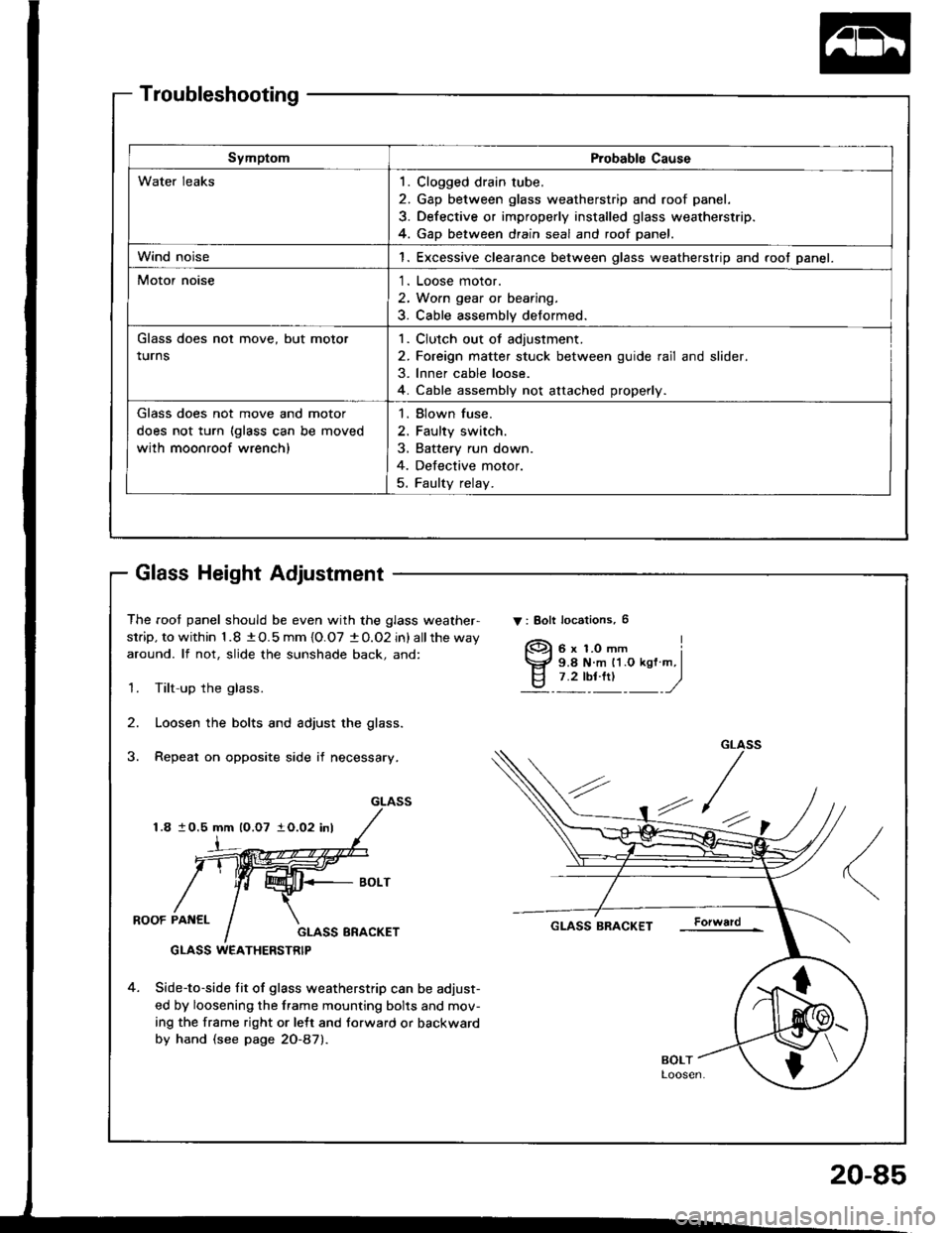 HONDA INTEGRA 1994 4.G Owners Manual SymptomProbable Cause
Water leaks1. Clogged drain tube.
2. Gap between glass weatherstrip and roof panel.
3. Defective or improperly installed glass weatherstrip.
4. Gap between drain seal and roof pa