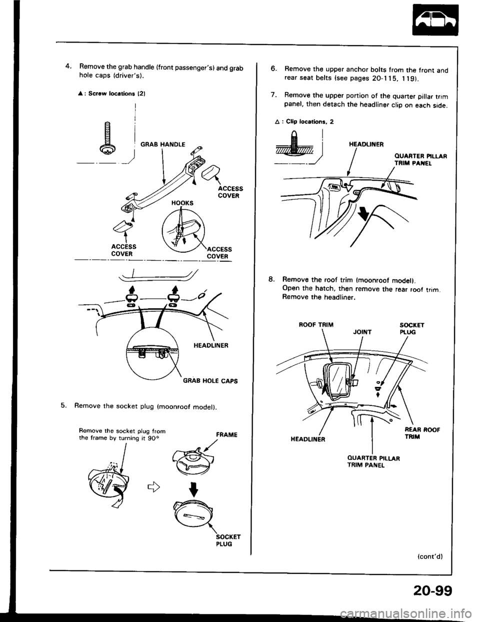 HONDA INTEGRA 1994 4.G Workshop Manual Remove the grab handle (front passenger.s) and grabhole caps (drivers),
 
 
: Scrow locations l2l
5. Remove the socket plug (moonroof model).
4.
FRAME
//Gr-@
I
n{ +=s ,
SOCKETPLUG
HOOKS
_t :
e)
Remo