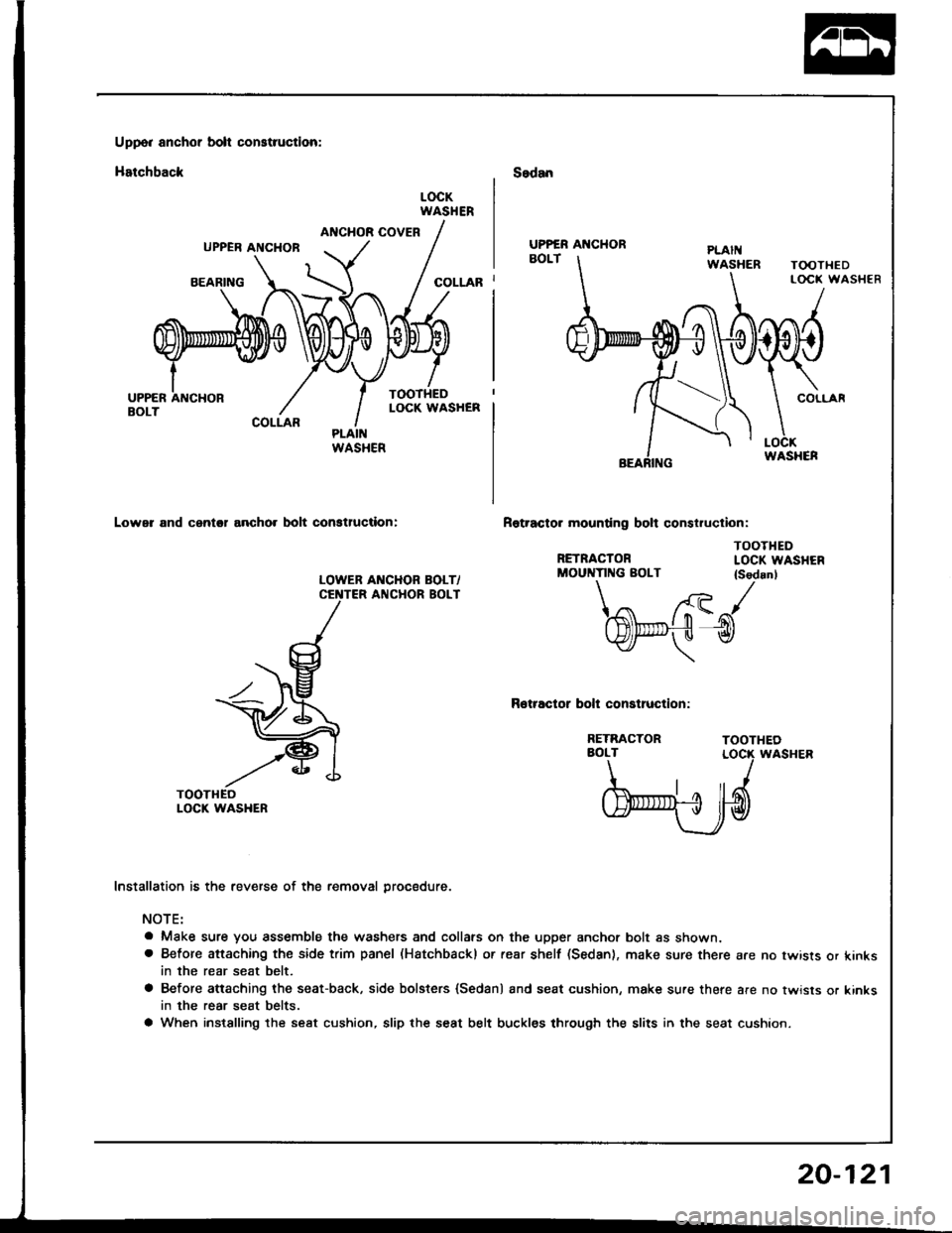 HONDA INTEGRA 1994 4.G Workshop Manual Uppo. anchor bolt construction:
Hatchback
ANCHOR COVERUPPER ANCHOB
BEARING
COLLAR
Lower and cantol ancho. bolt conatluction:
LOWEB AI{CHOR BOLT/ANCHOR BOLT
Sedan
Rotracto. mounting bolt construclion:
