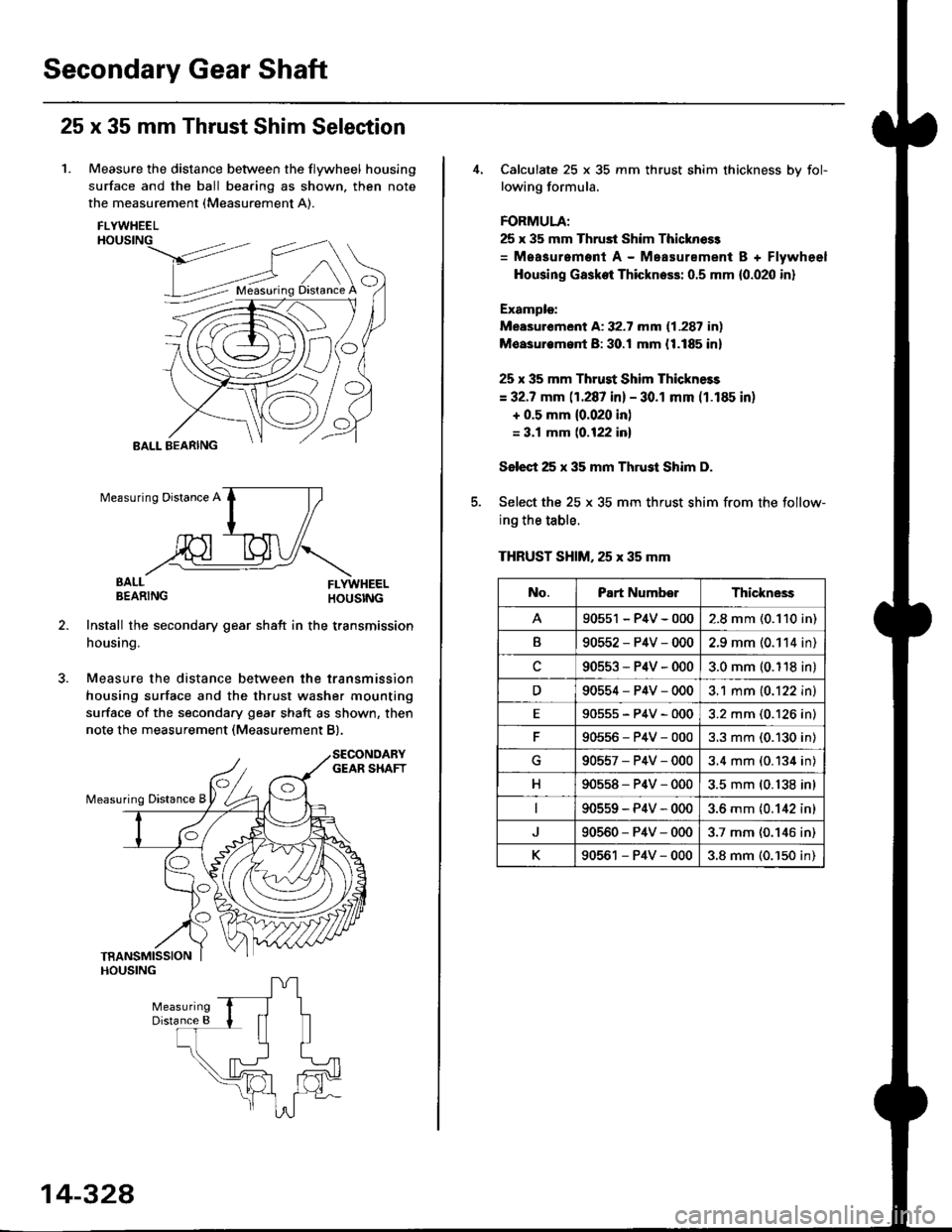 HONDA CIVIC 1996 6.G Workshop Manual Secondary Gear Shaft
25 x 35 mm Thrust Shim Selection
1. Measure the distance between the flywheel housing
surface and the ball bearing as shown, then note
the measurement (Measurement A).
FLYWHEELHOU
