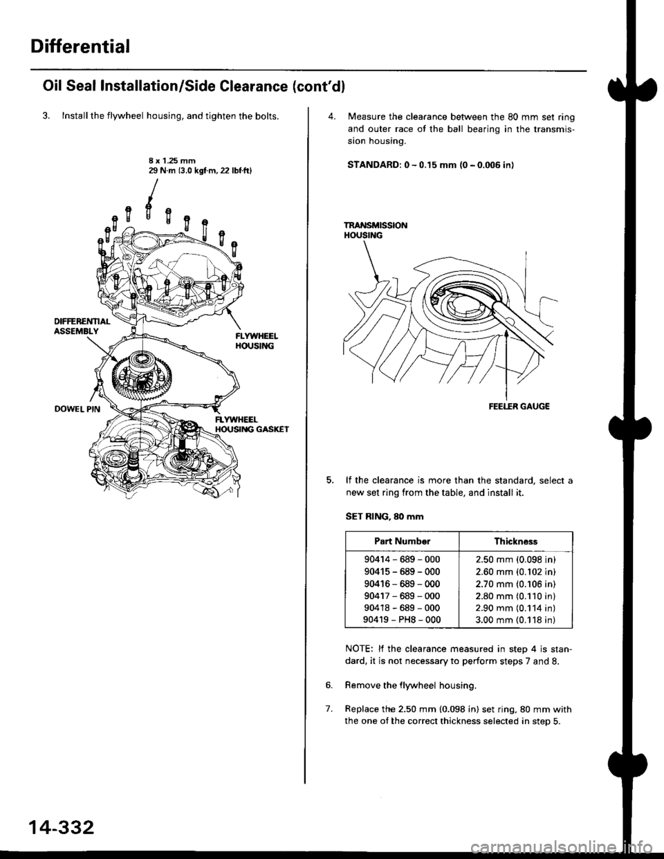 HONDA CIVIC 1997 6.G User Guide Differential
Oil Seal Installation/Side Clearance (contdl
3. Installthe flywheel housing, and tighten the bolts.
DOWEL PIN
1 .25 mmN m (3.0 kgt m,22 lbf.ttl8x29
uigE
14-332
4. Measure the clea.ance b HONDA CIVIC 1997 6.G User Guide Differential
Oil Seal Installation/Side Clearance (contdl
3. Installthe flywheel housing, and tighten the bolts.
DOWEL PIN
1 .25 mmN m (3.0 kgt m,22 lbf.ttl8x29
uigE
14-332
4. Measure the clea.ance b