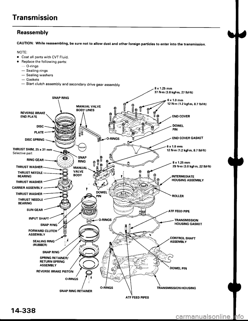 HONDA CIVIC 1999 6.G Workshop Manual Transmission
Reassembly
CAUTION: While reassembling. be sure not to sllow dust and othor foreign particles to enter into the transmission.
NOTE:
. Coat all parts with CVT Fluid.
. Replace the followin HONDA CIVIC 1999 6.G Workshop Manual Transmission
Reassembly
CAUTION: While reassembling. be sure not to sllow dust and othor foreign particles to enter into the transmission.
NOTE:
. Coat all parts with CVT Fluid.
. Replace the followin